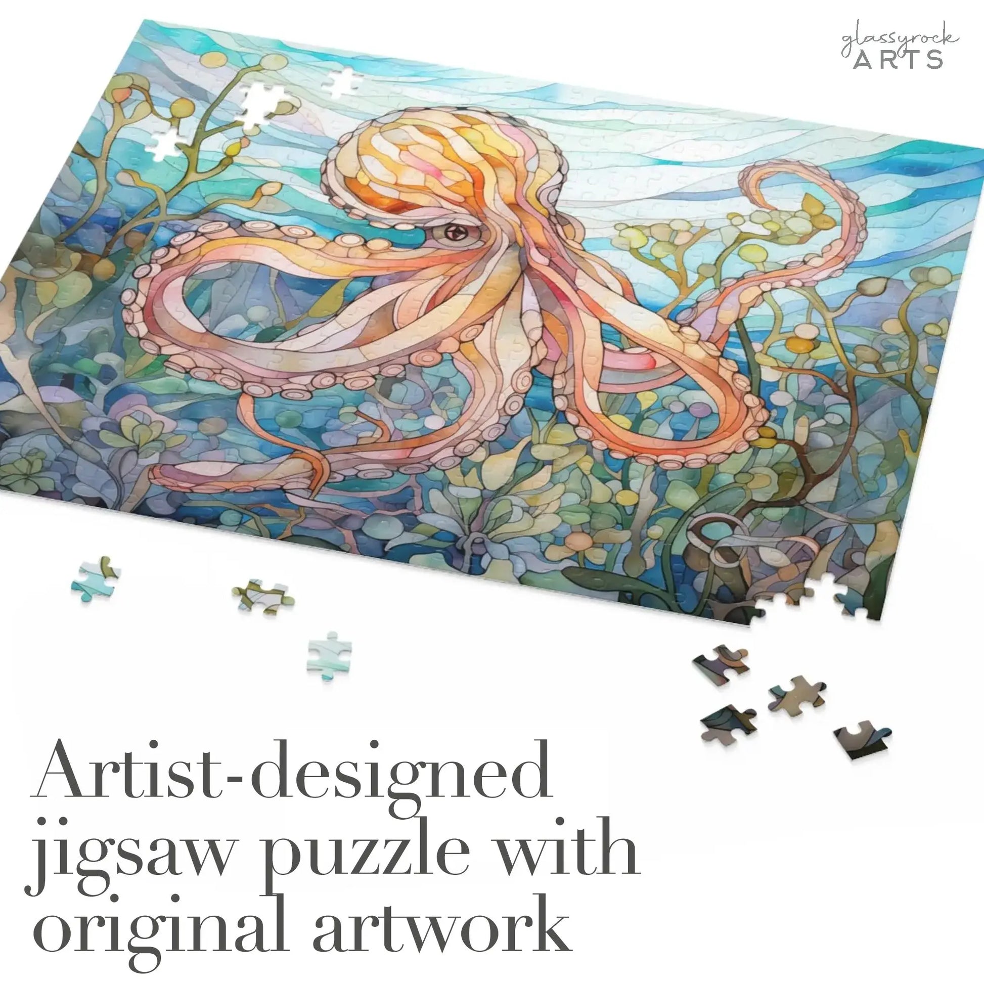 The Stained Glass Octopus Jigsaw Puzzle features an octopus weaving through seaweed and aquatic plants, with scattered pieces around. Artist-designed jigsaw puzzle with original artwork, perfect as an ocean art gift.