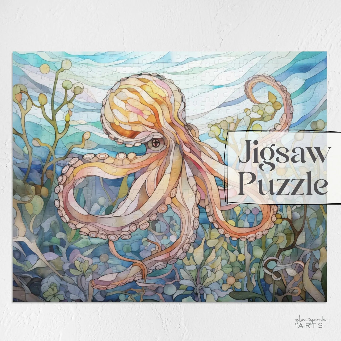 A stained glass-inspired illustration of an octopus with swirling tentacles in a whimsical underwater scene graces the Stained Glass Octopus Jigsaw Puzzle cover, featuring soft colors and abstract aquatic elements. Ideal as an ocean art gift.