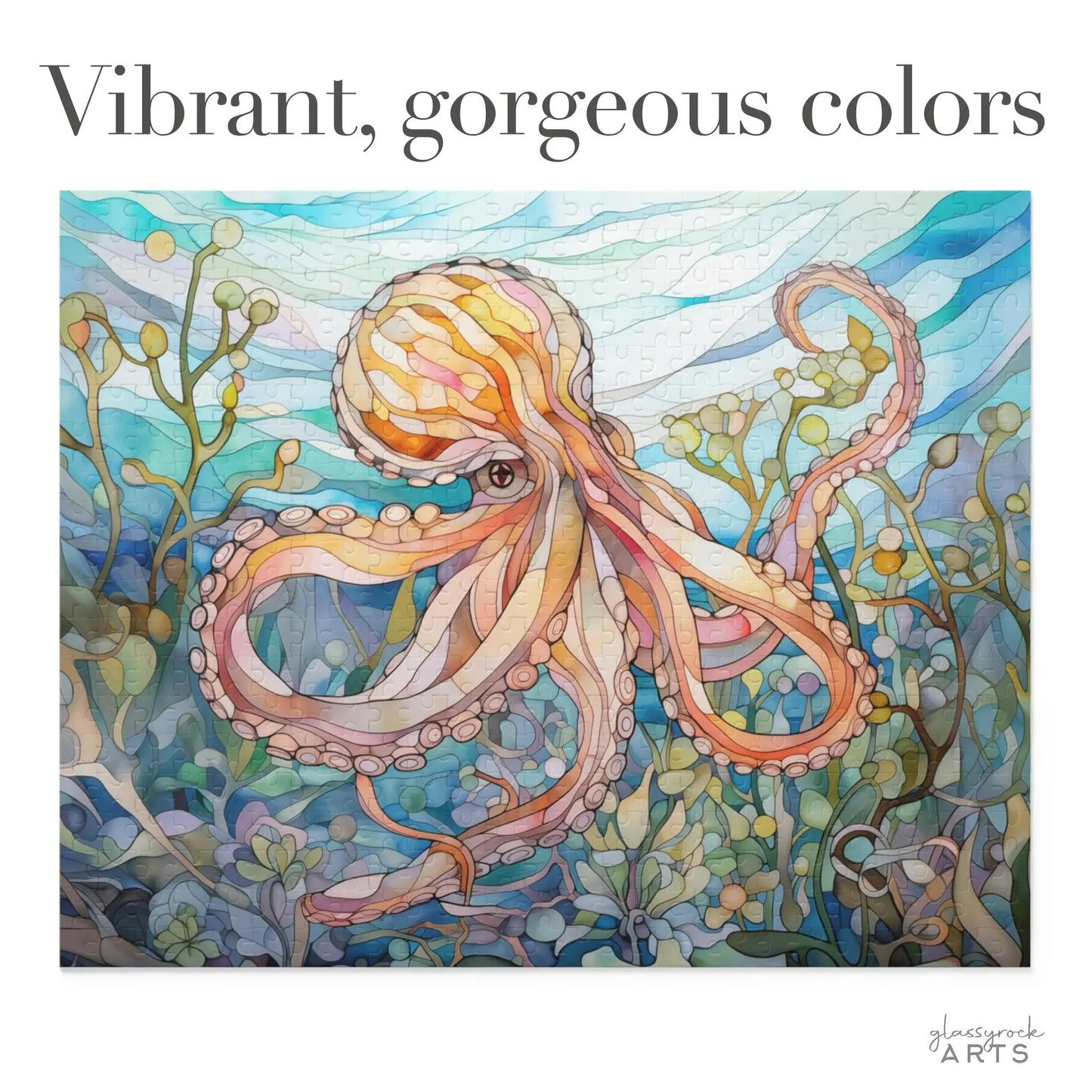 The Stained Glass Octopus Jigsaw Puzzle features a vibrant, stained glass-inspired design with an octopus surrounded by aquatic plants, showcasing mesmerizing blues, greens, pinks, and oranges that resemble ocean art. The text reads: Vibrant, gorgeous colors.