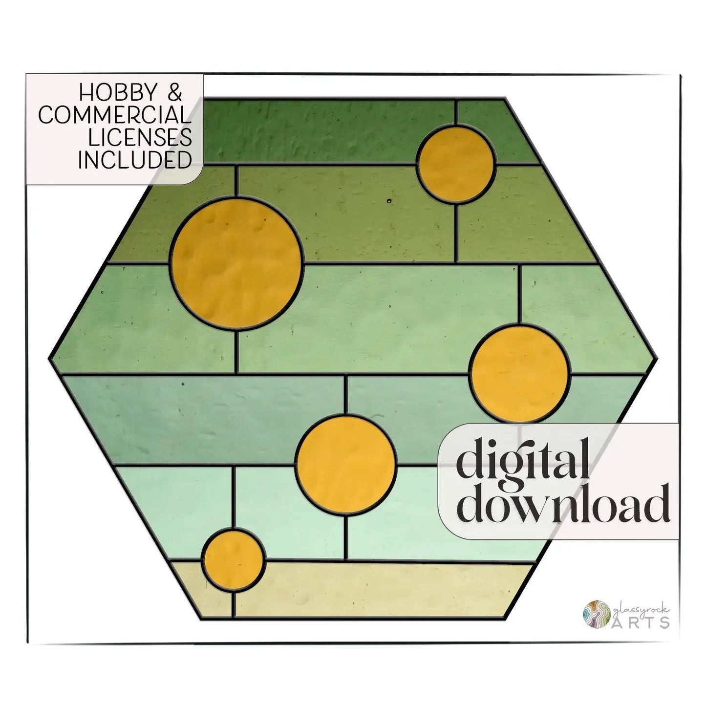 The Ombre Hexagon Stained Glass Pattern features a geometric design with yellow circles in green and light blue segments. Text includes Hobby & Commercial Licenses Included and digital download. A small logo appears in the bottom right, ideal for digital pattern projects.