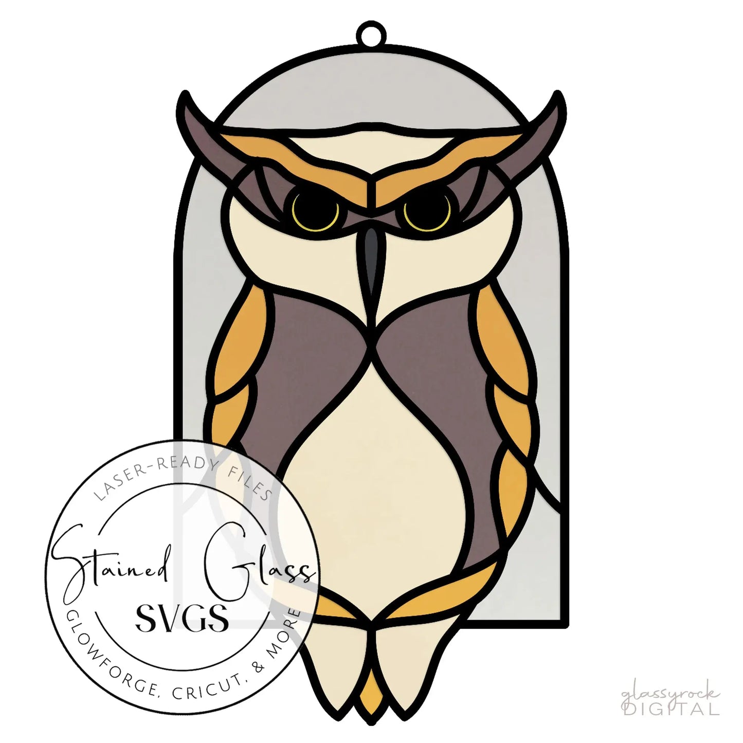 The Stained Glass Horned Owl Arch SVGs depicts an owl with a stern look, large eyes, and tufted ears in a stained glass style of brown, cream, and tan segments. Framed by a rounded arch, its perfect for your next SVG or laser cut project.
