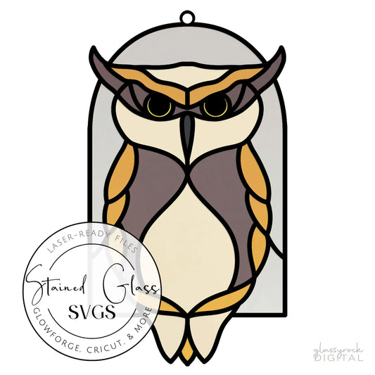 The Stained Glass Horned Owl Arch SVGs depicts an owl with a stern look, large eyes, and tufted ears in a stained glass style of brown, cream, and tan segments. Framed by a rounded arch, its perfect for your next SVG or laser cut project.