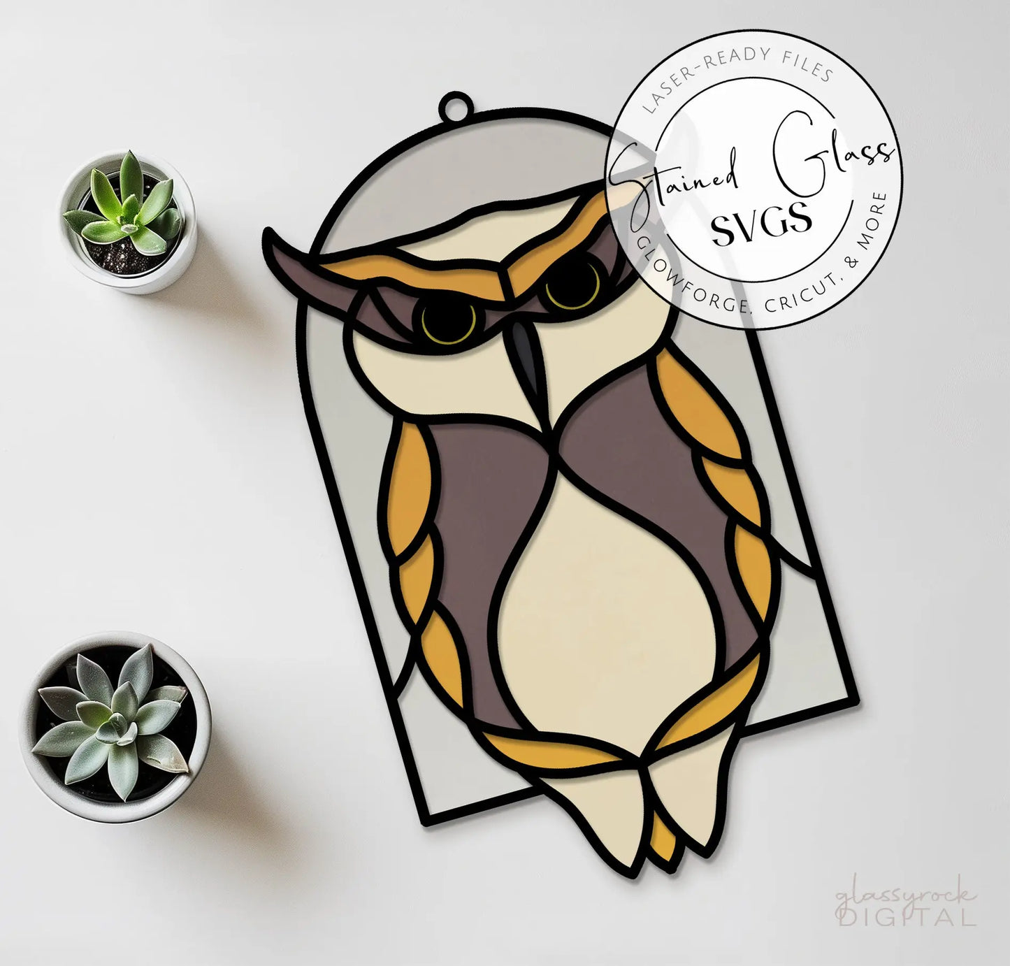 The stained glass horned owl design features tan and brown hues on a light surface, complemented by two small succulent pots. A circular label in the top right reads, Stained Glass Horned Owl Arch SVGs, ideal for your next owl SVG or laser cut project.