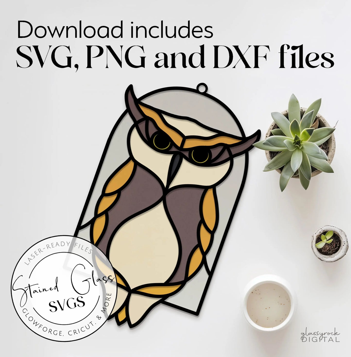 Explore our enchanting promotional image for the Stained Glass Horned Owl Arch SVG file download. Ideal for laser cut projects, this design showcases a stylish owl with delightful features, accompanied by a small plant and cup in the background to enhance its aesthetic appeal.