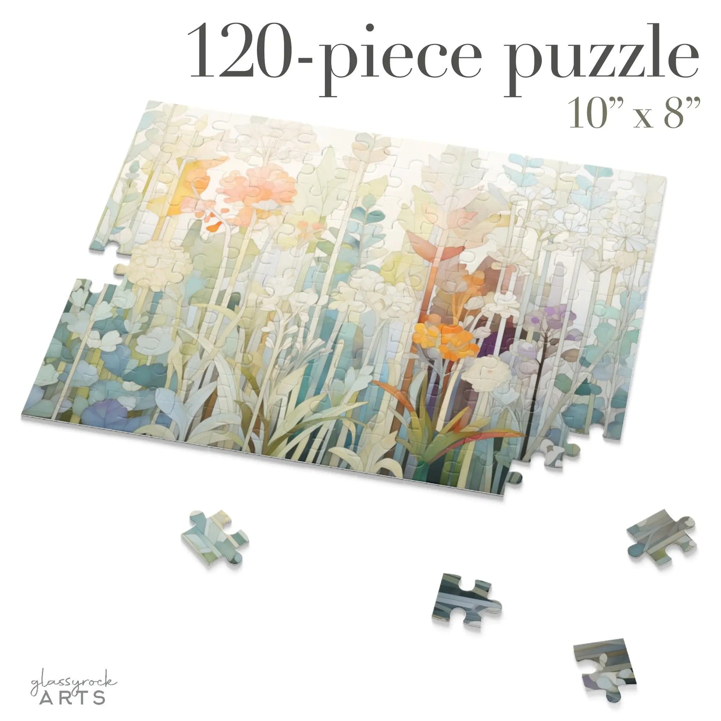 A partially assembled Pastel Botanicals Jigsaw Puzzle shows soft-colored floral designs. Made from high-quality chipboard, several pieces are scattered. The text reads 120-piece puzzle, 10 x 8. The brand is glassrock ARTS.