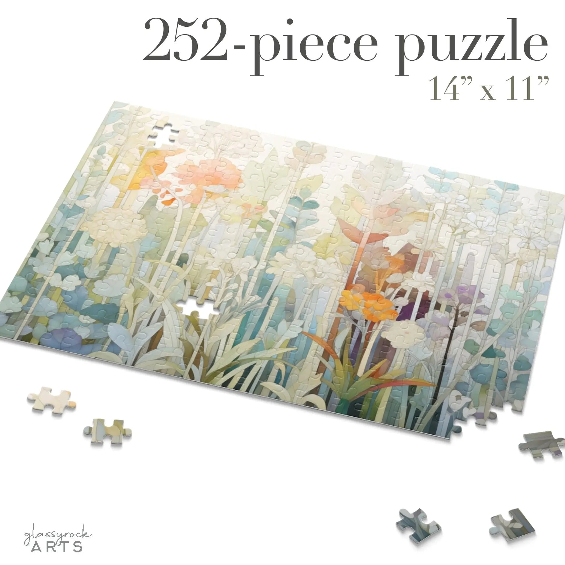The Pastel Botanicals Jigsaw Puzzle is a 14 x 11-inch floral design with tall flowers in soft pastels. Comprised of 252 high-quality chipboard pieces, it offers an enchanting experience, making it the perfect stained glass-style gift for nature lovers.