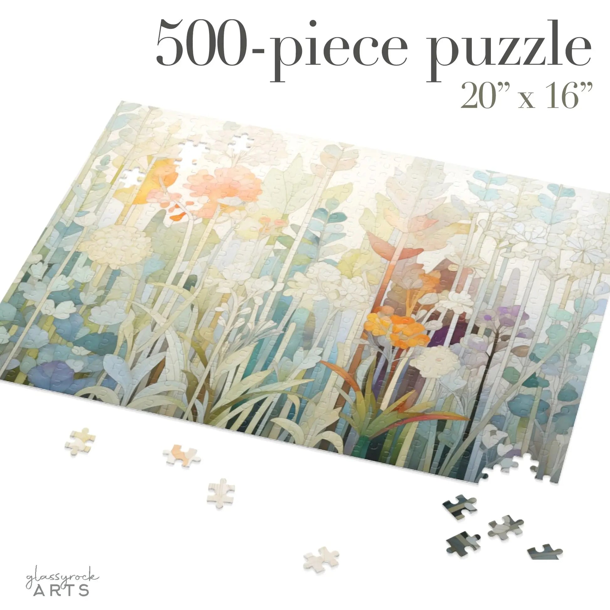 The Pastel Botanicals Jigsaw Puzzle, a partially completed 500-piece set with colorful flowers and foliage, measures 20 x 16. Made of high-quality chipboard pieces, it presents a delightful challenge with scattered loose pieces. Text reads 500-piece puzzle, 20 x 16.