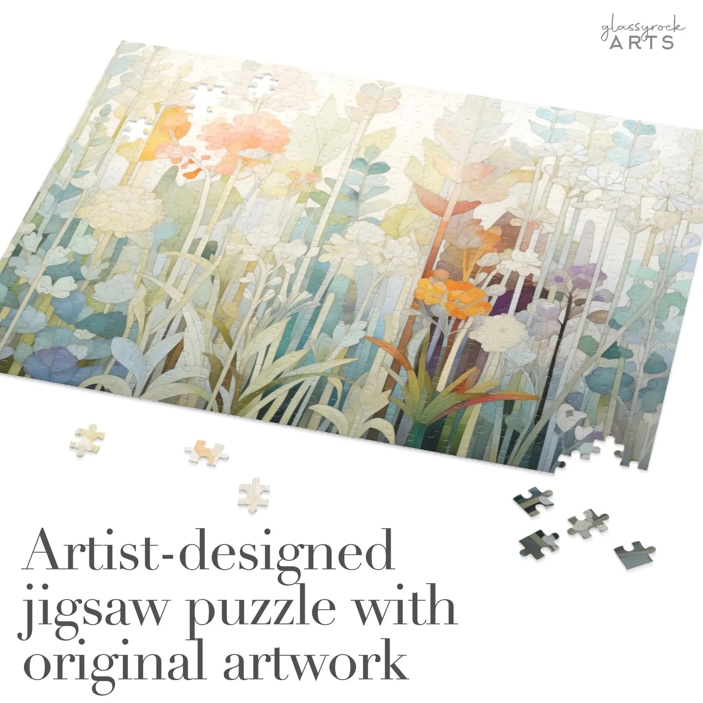 The Pastel Botanicals Jigsaw Puzzle is partially assembled, showcasing artist-designed floral artwork in pastel colors like orange, yellow, and blue. High-quality chipboard pieces are scattered nearby. Text reads Artist-designed jigsaw puzzle with original artwork.