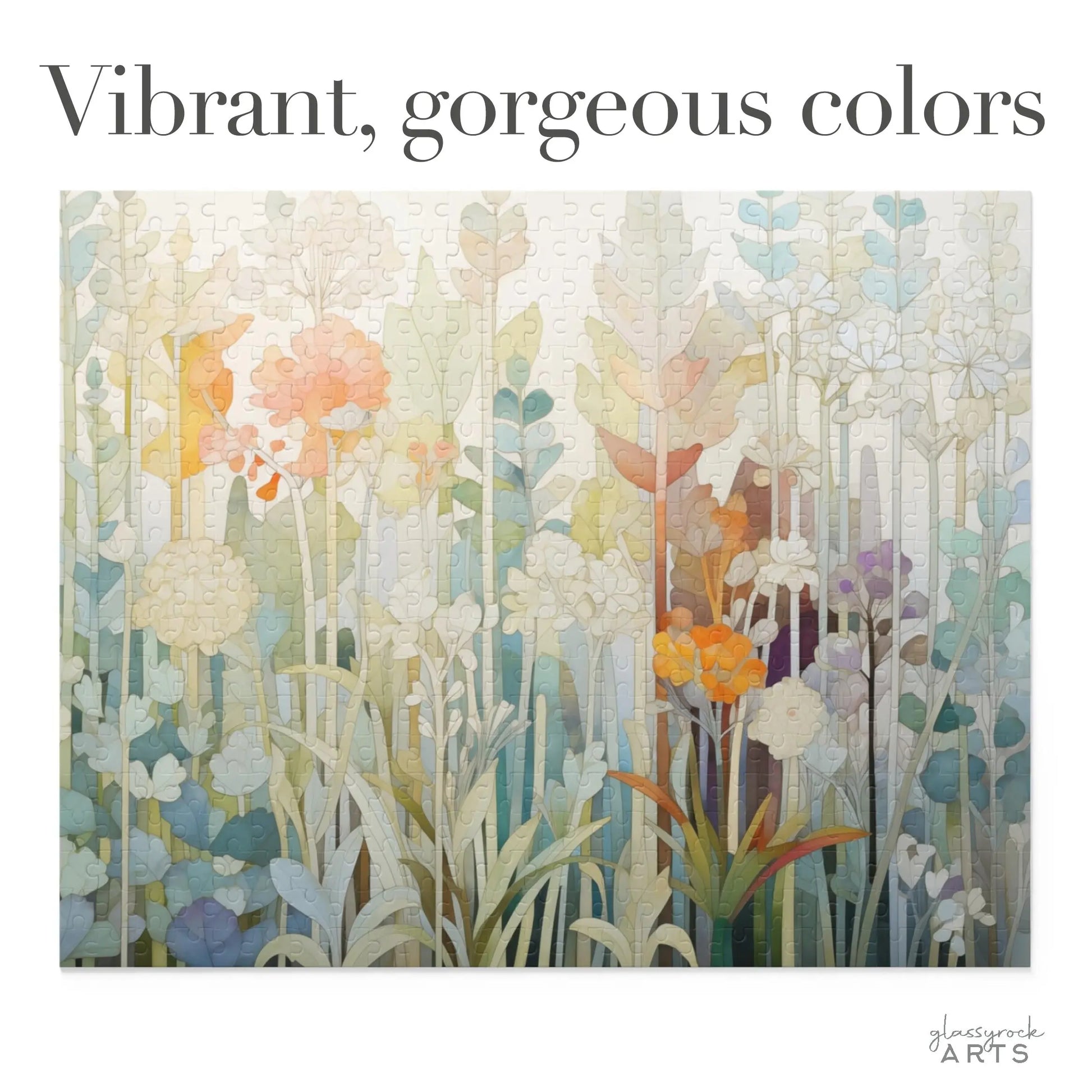 The Pastel Botanicals Jigsaw Puzzle features a vibrant floral design against a soft gradient background, with high-quality chipboard pieces for a perfect fit. The text at the top reads Vibrant, gorgeous colors.