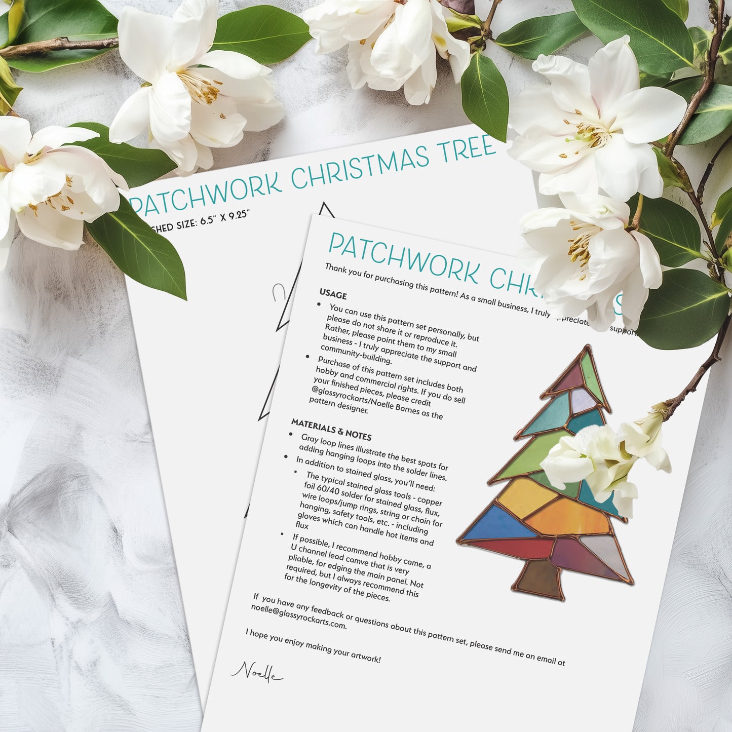 Patchwork Christmas Tree Stained Glass Pattern and PNG