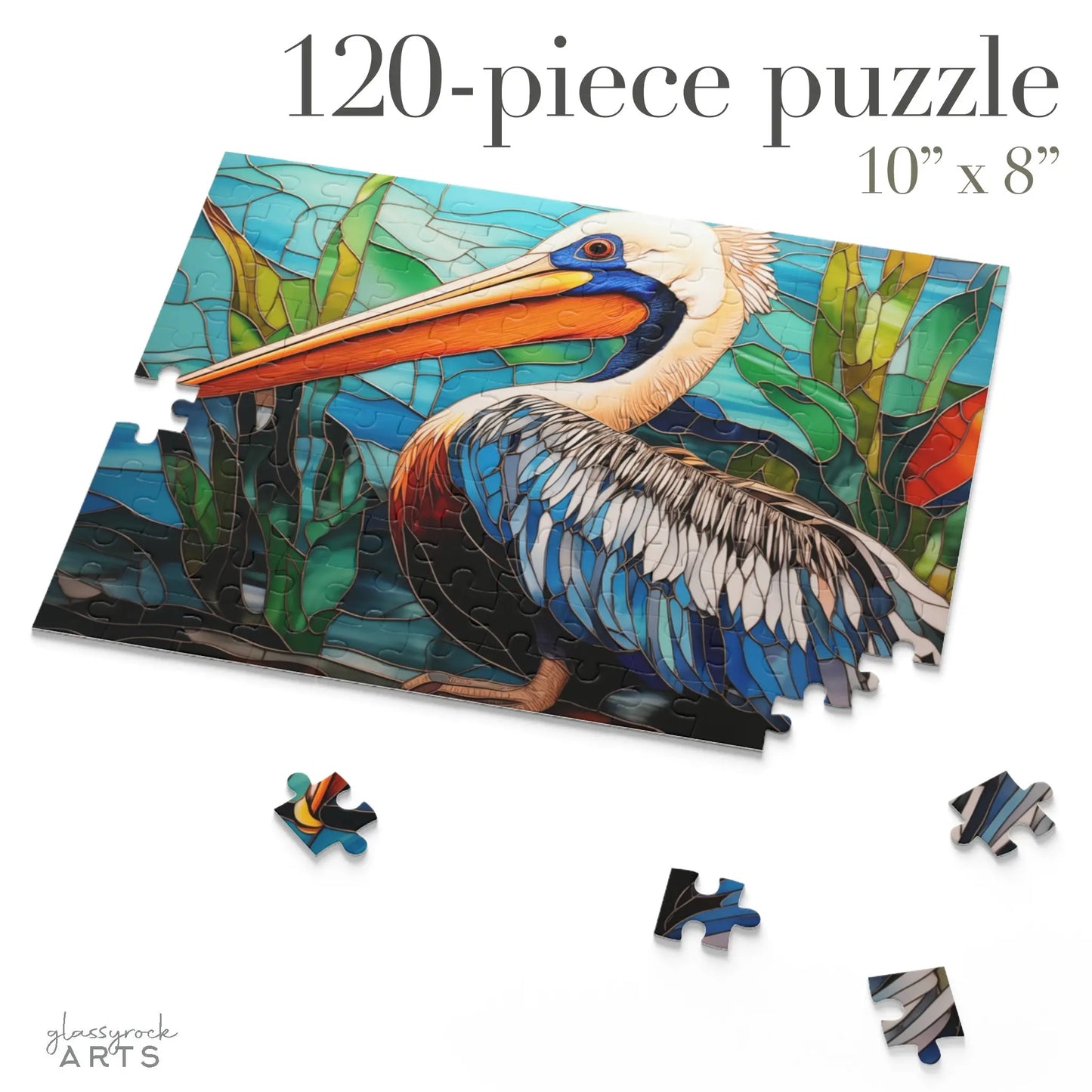The Stained Glass Pelican Jigsaw Puzzle features a vibrant pelican image against a colorful backdrop. This 120-piece, 10 x 8 puzzle makes an ideal art gift for couples who appreciate unique decor.