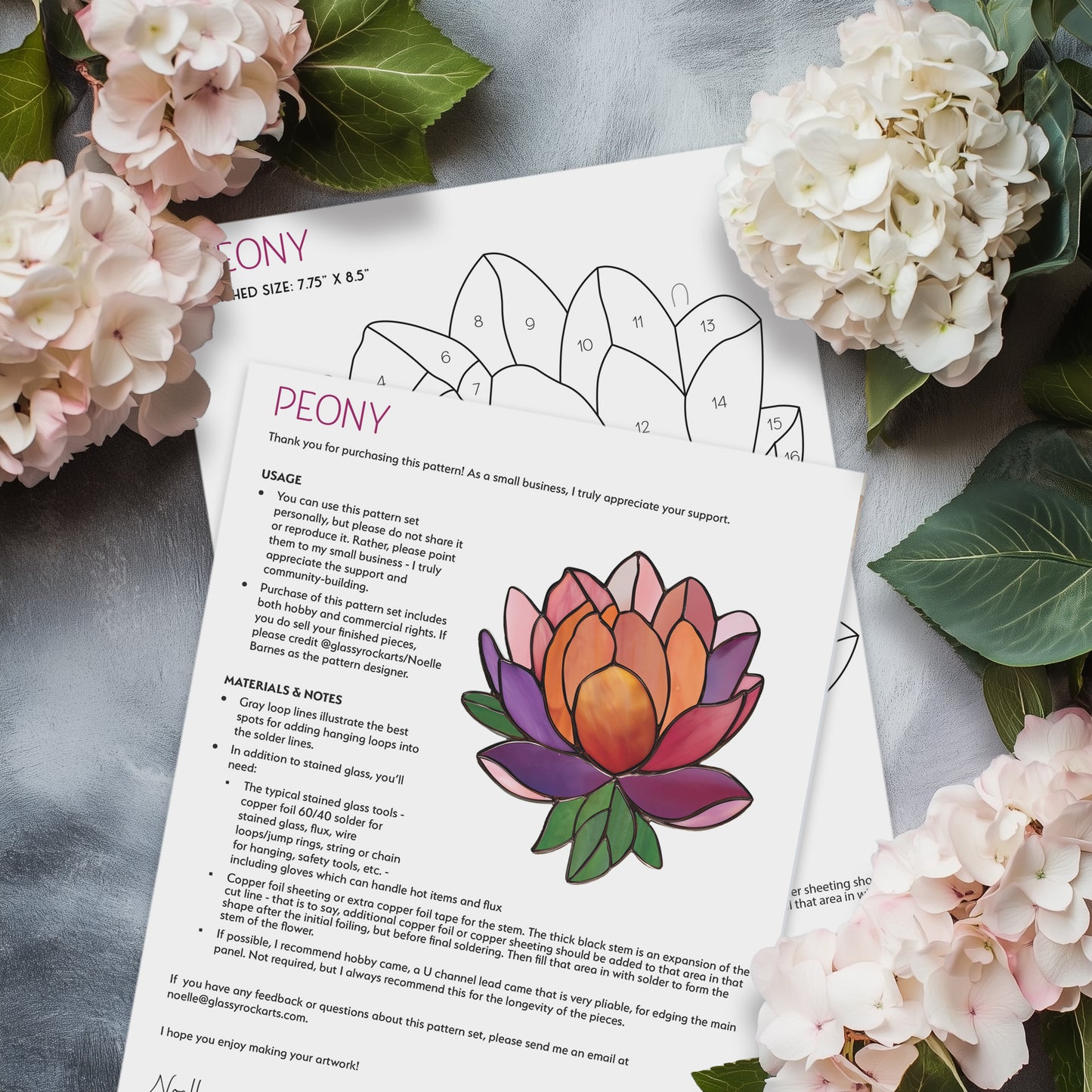 Peony Suncatcher Stained Glass Pattern with PNG