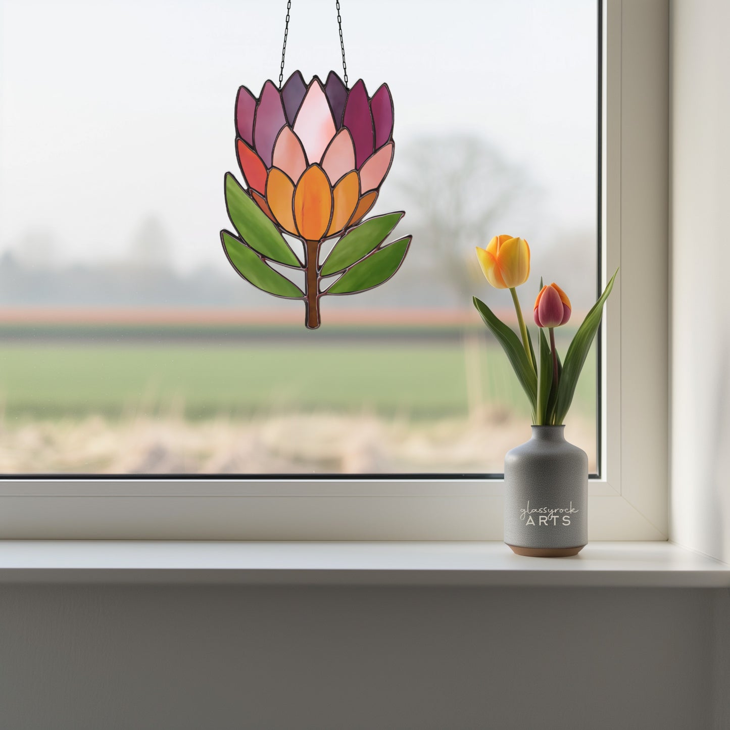 Protea Flower Stained Glass Pattern with PNG