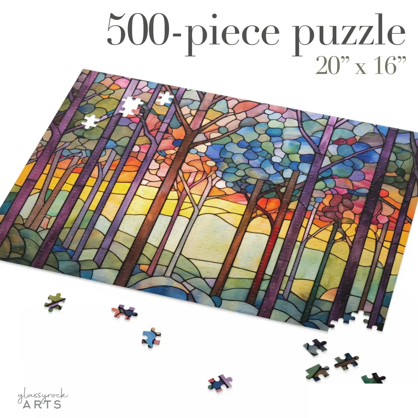 The Rainbow Forest Jigsaw Puzzle is a 500-piece, stained glass-inspired puzzle depicting a vibrant sunset over a rainbow-colored forest. Measuring 20x16 inches, its perfect for nature-loving puzzle enthusiasts. Pieces are scattered around the unfinished masterpiece.