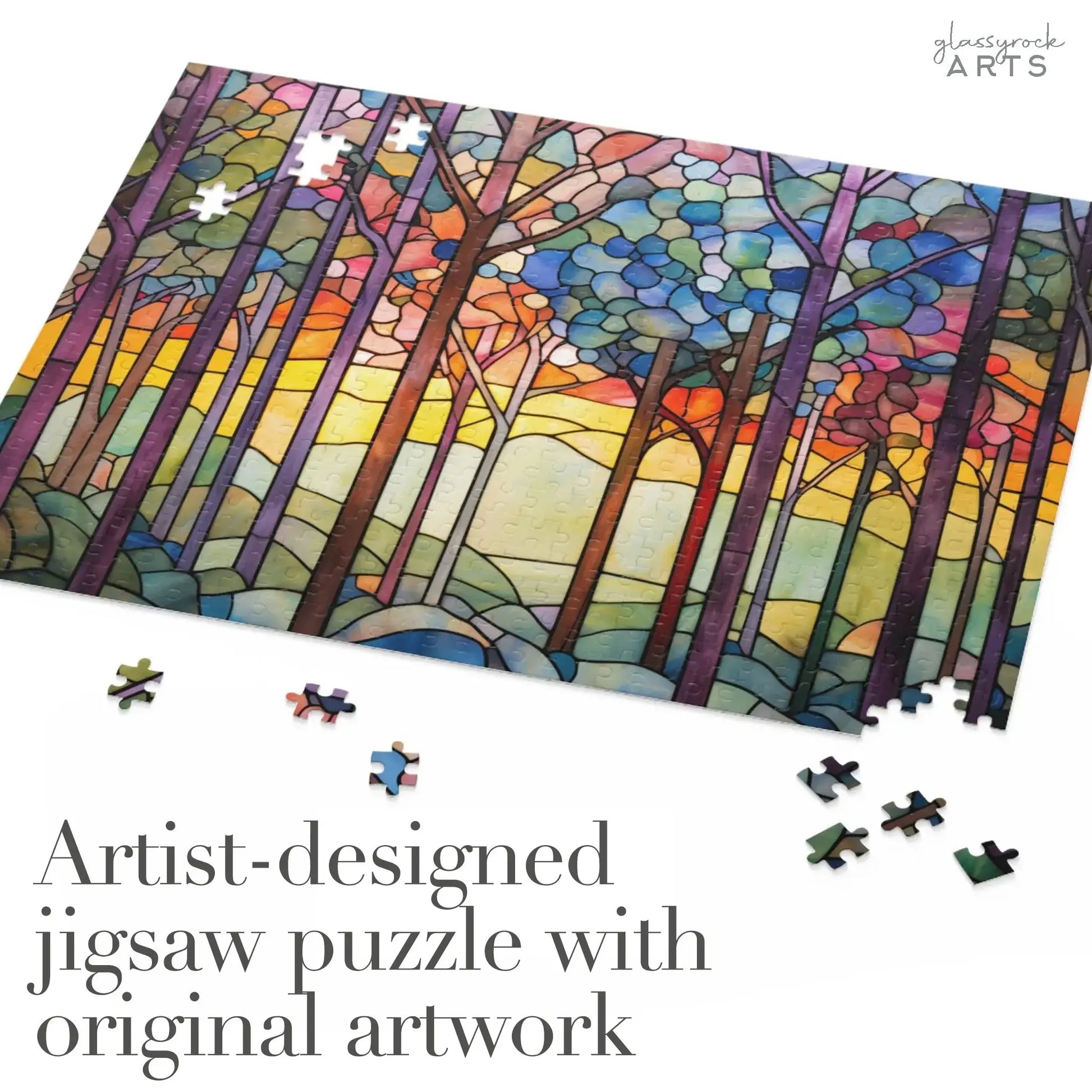 A partially completed Rainbow Forest Jigsaw Puzzle showcases a stained glass-inspired design of tall trees against a vibrant sky. Some pieces are scattered nearby. With an artist-designed original artwork, this puzzle is perfect as a nature gift.