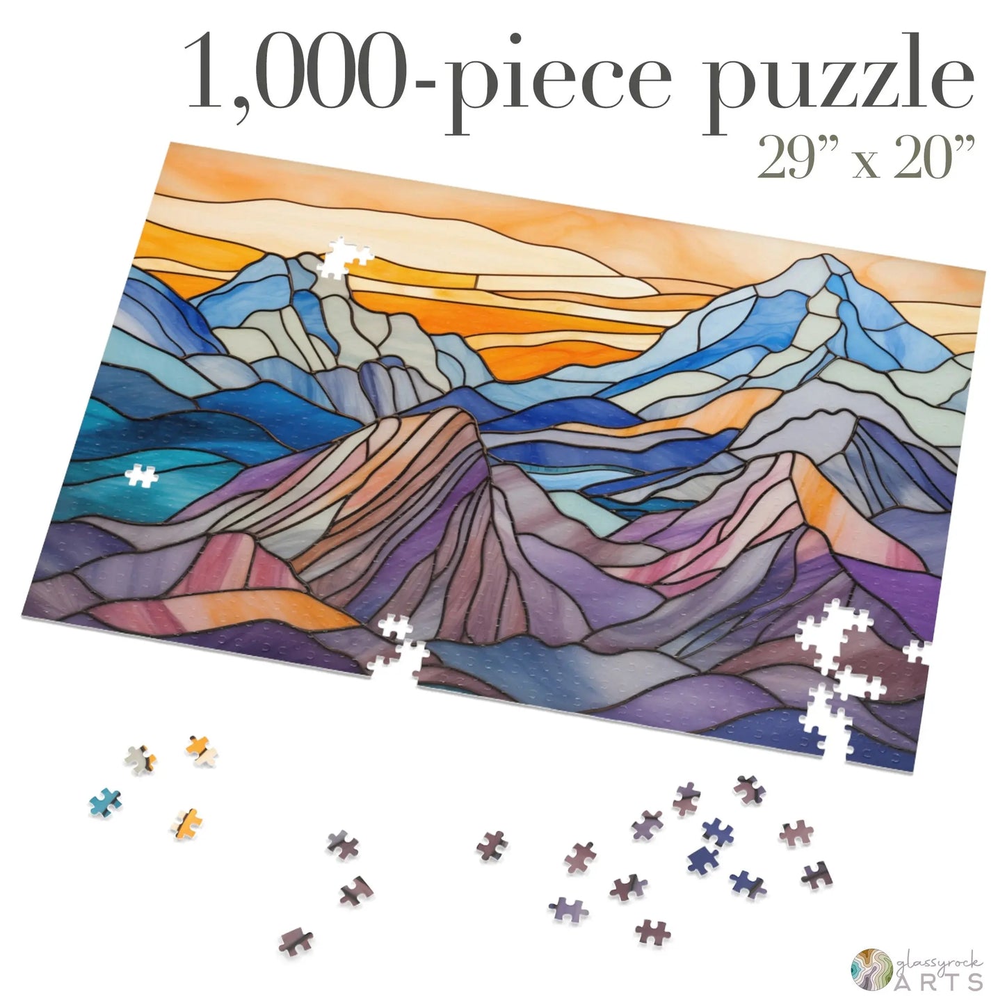 A picture of the Stained Glass Mountains Jigsaw Puzzle from GlassyRock Arts.