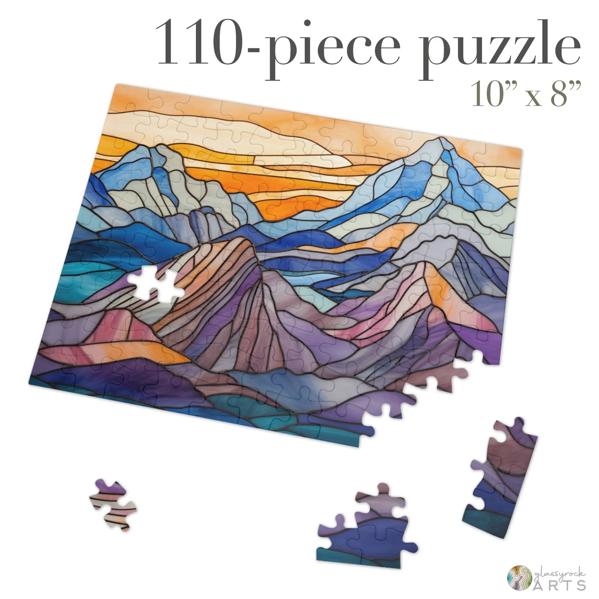 A picture of the Stained Glass Mountains Jigsaw Puzzle from GlassyRock Arts.