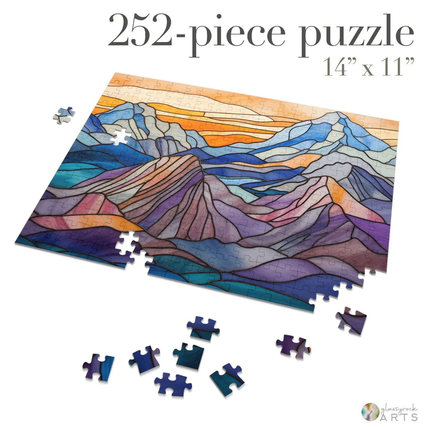 A picture of the Stained Glass Mountains Jigsaw Puzzle from GlassyRock Arts.