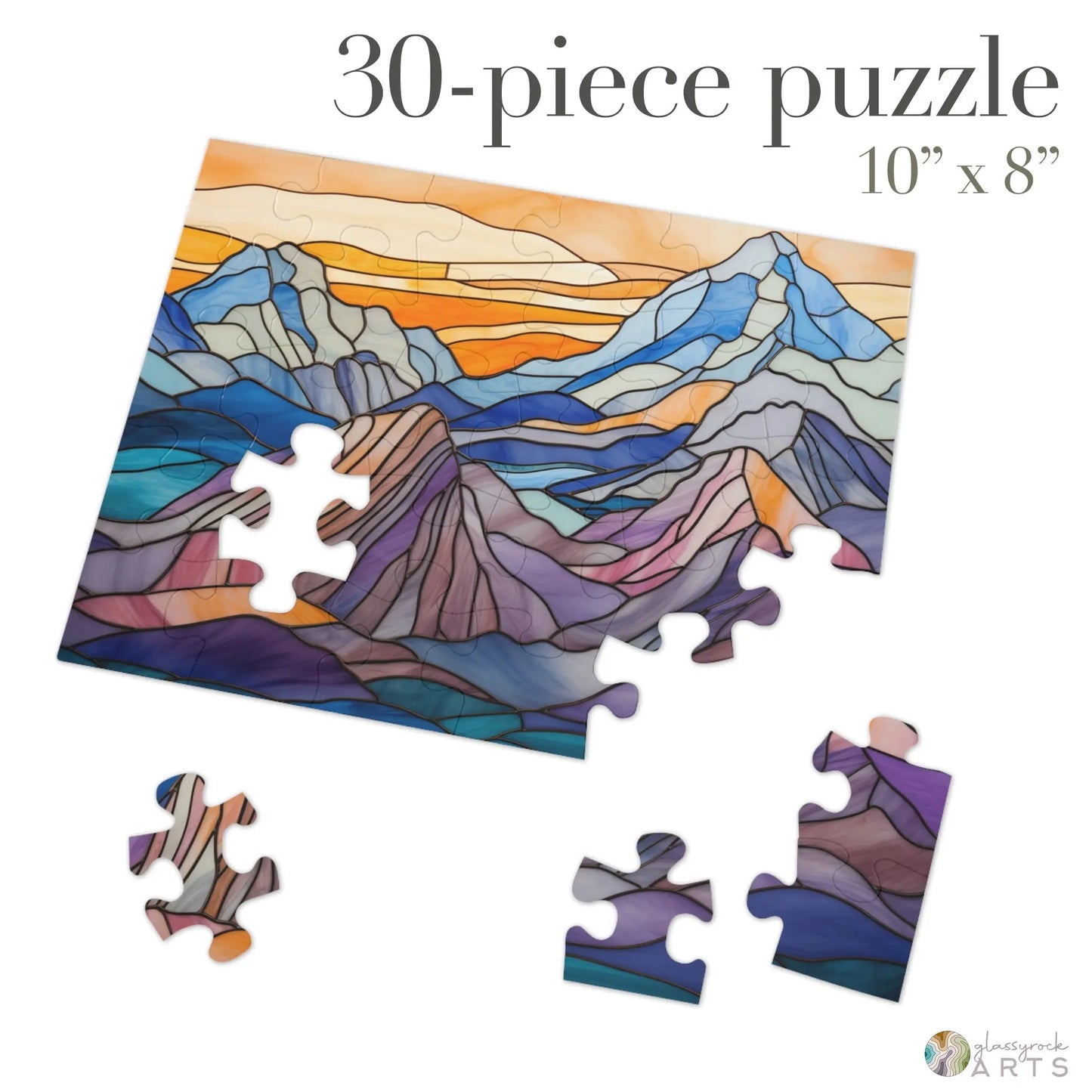 A picture of the Stained Glass Mountains Jigsaw Puzzle from GlassyRock Arts.