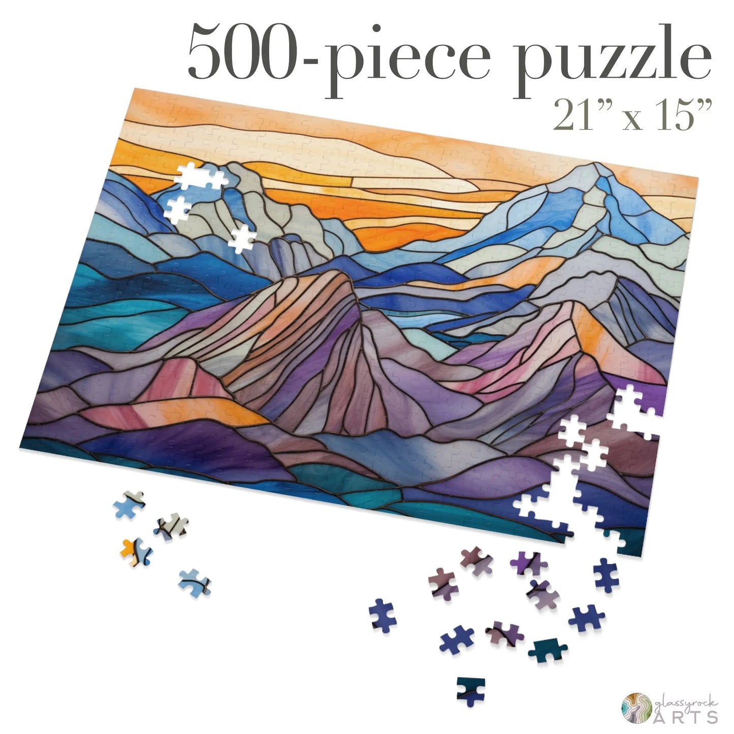 A picture of the Stained Glass Mountains Jigsaw Puzzle from GlassyRock Arts.