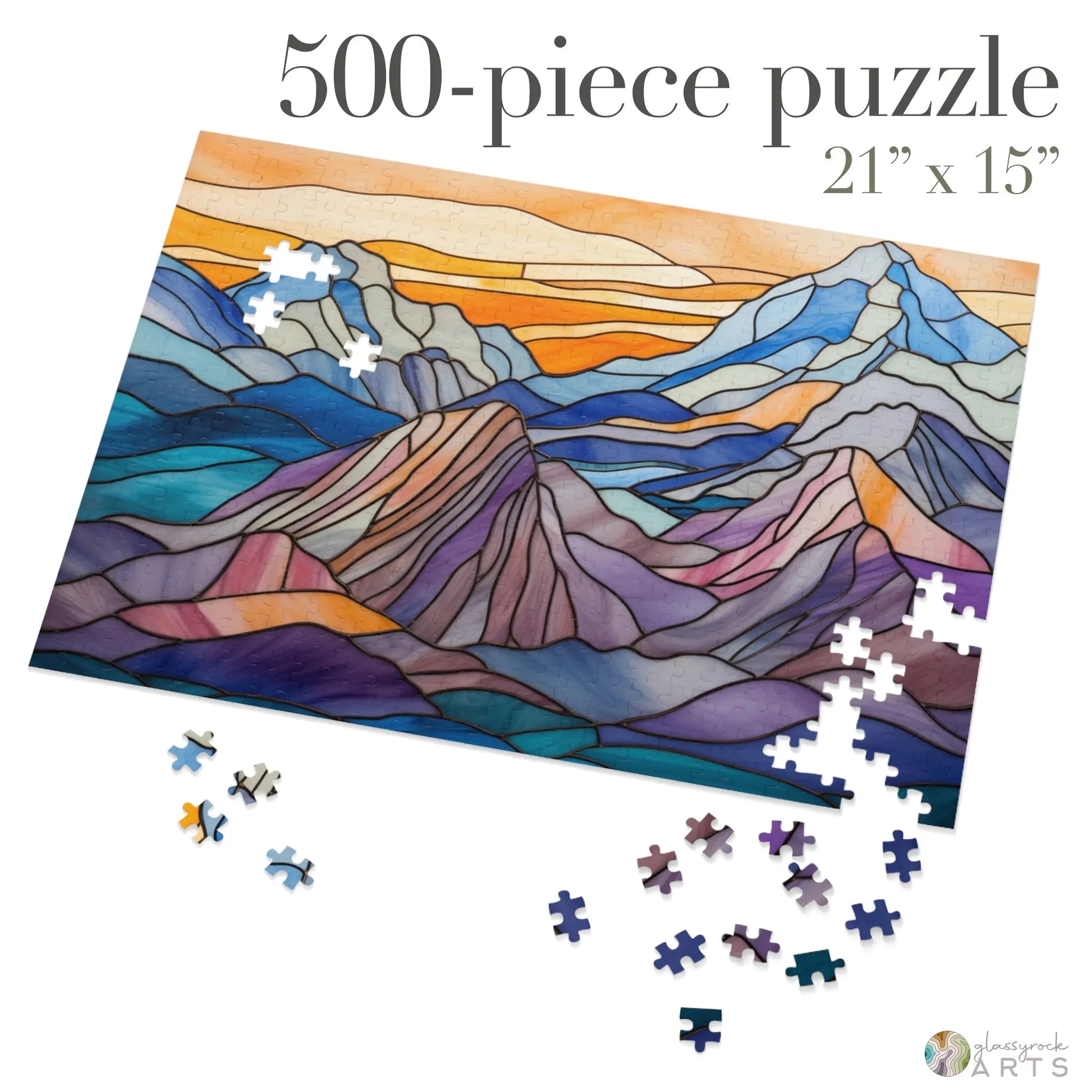 A picture of the Stained Glass Mountains Jigsaw Puzzle from GlassyRock Arts.
