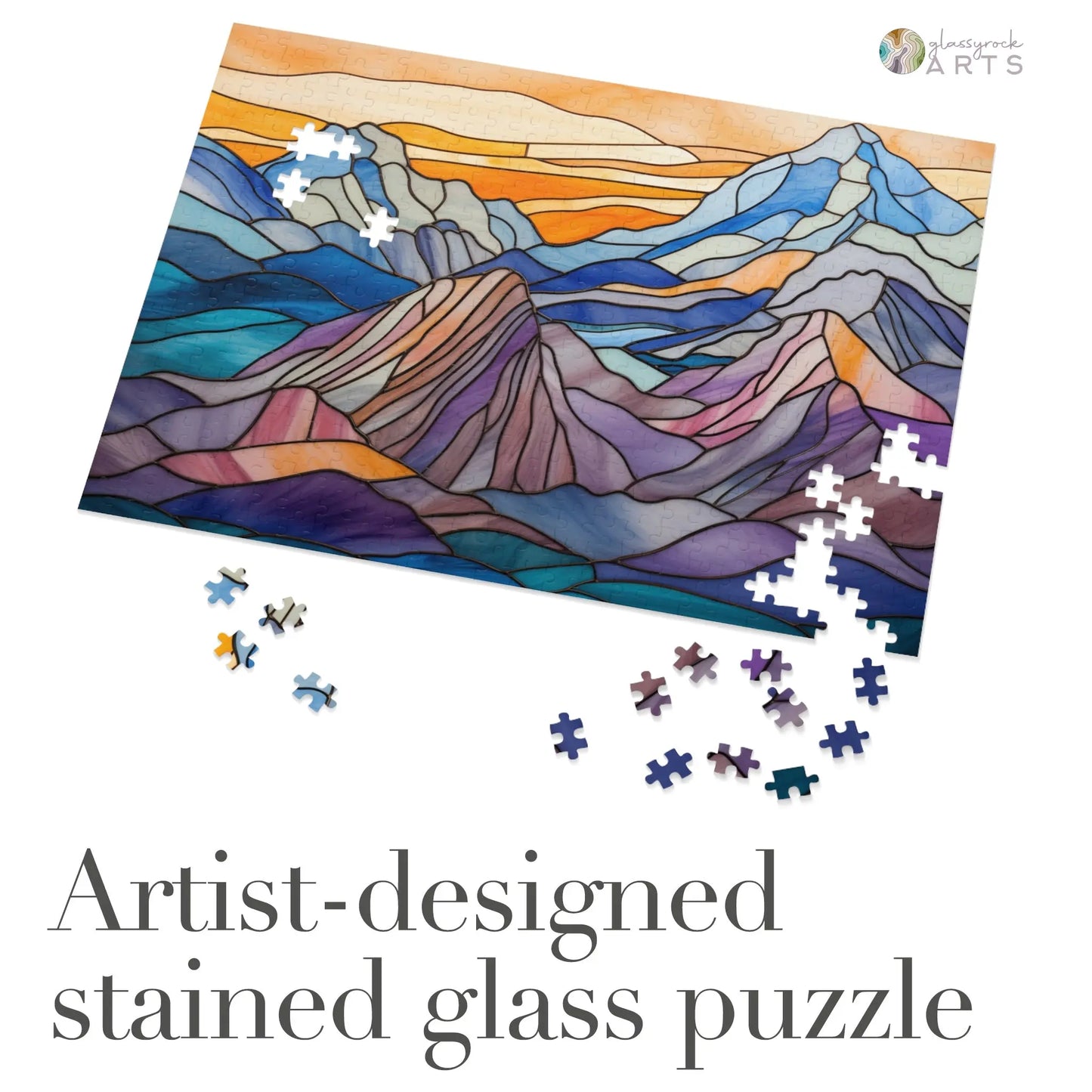 A picture of the Stained Glass Mountains Jigsaw Puzzle from GlassyRock Arts.