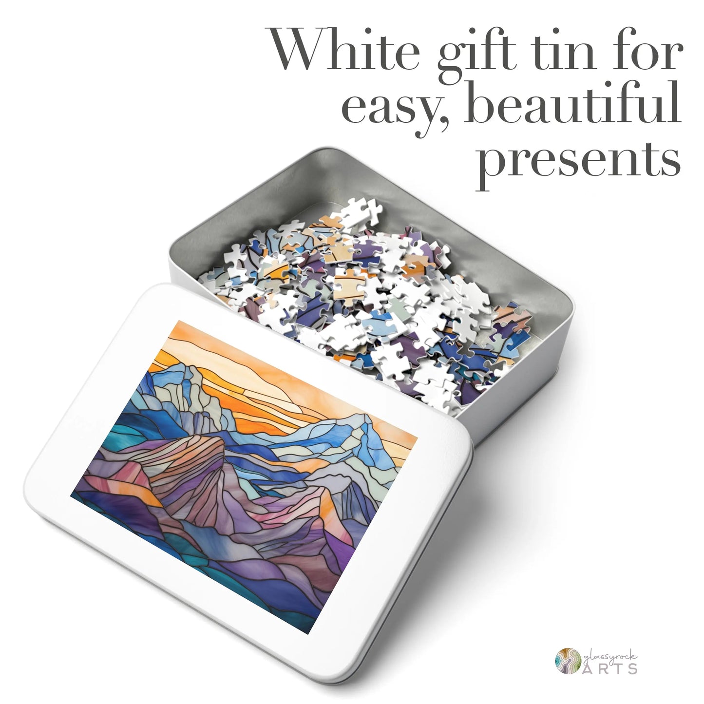 A picture of the Stained Glass Mountains Jigsaw Puzzle from GlassyRock Arts.