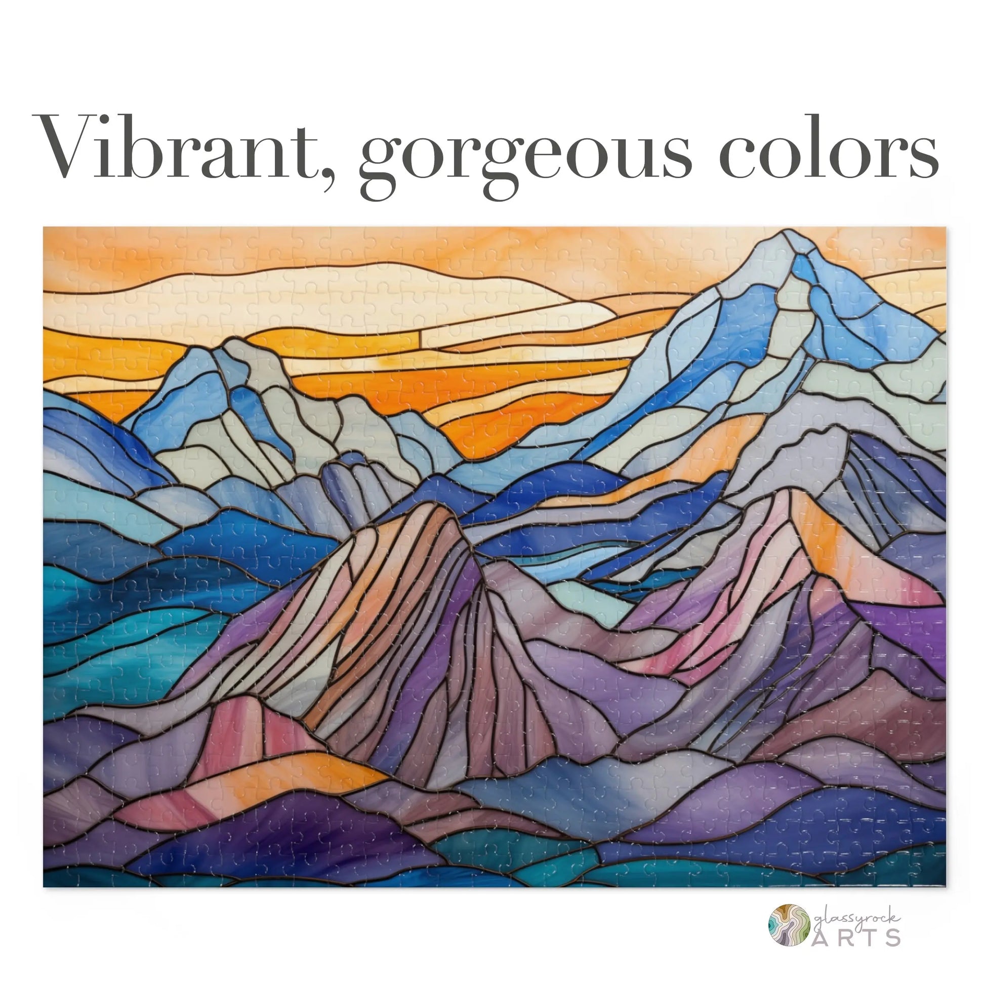 A picture of the Stained Glass Mountains Jigsaw Puzzle from GlassyRock Arts.