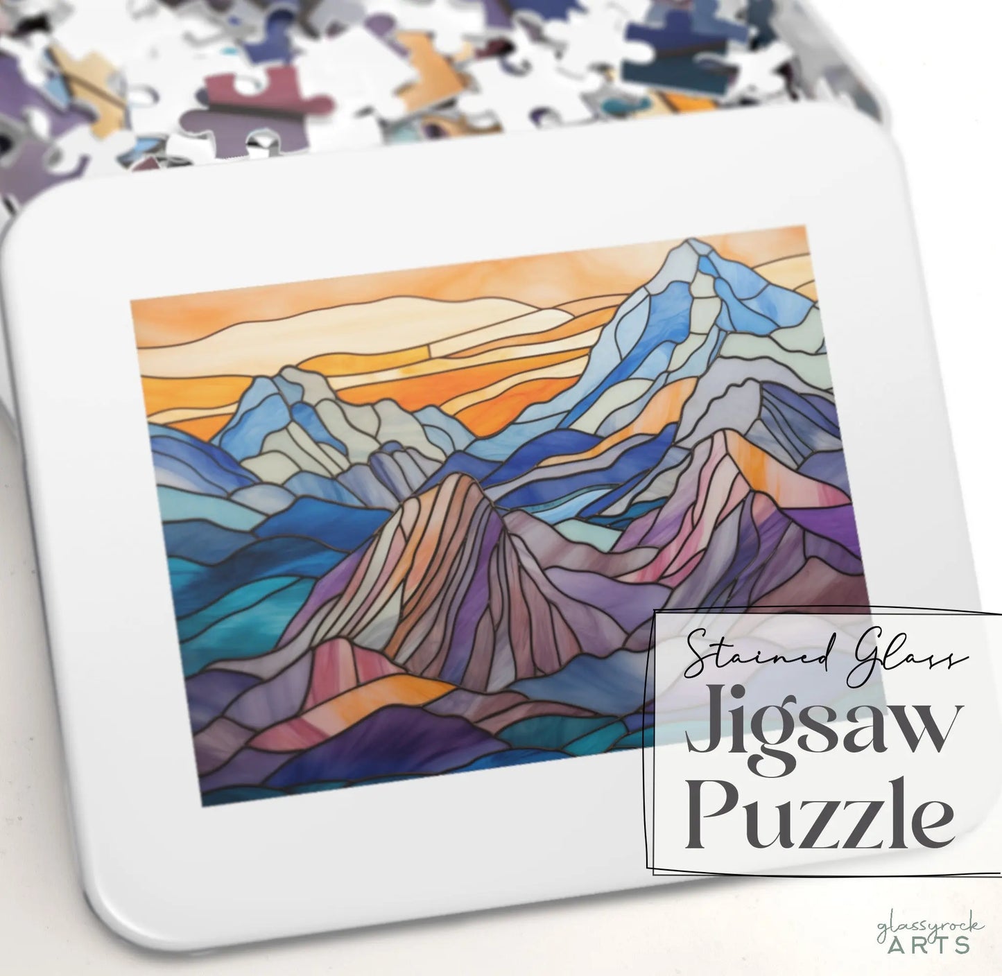 A picture of the Stained Glass Mountains Jigsaw Puzzle from GlassyRock Arts.