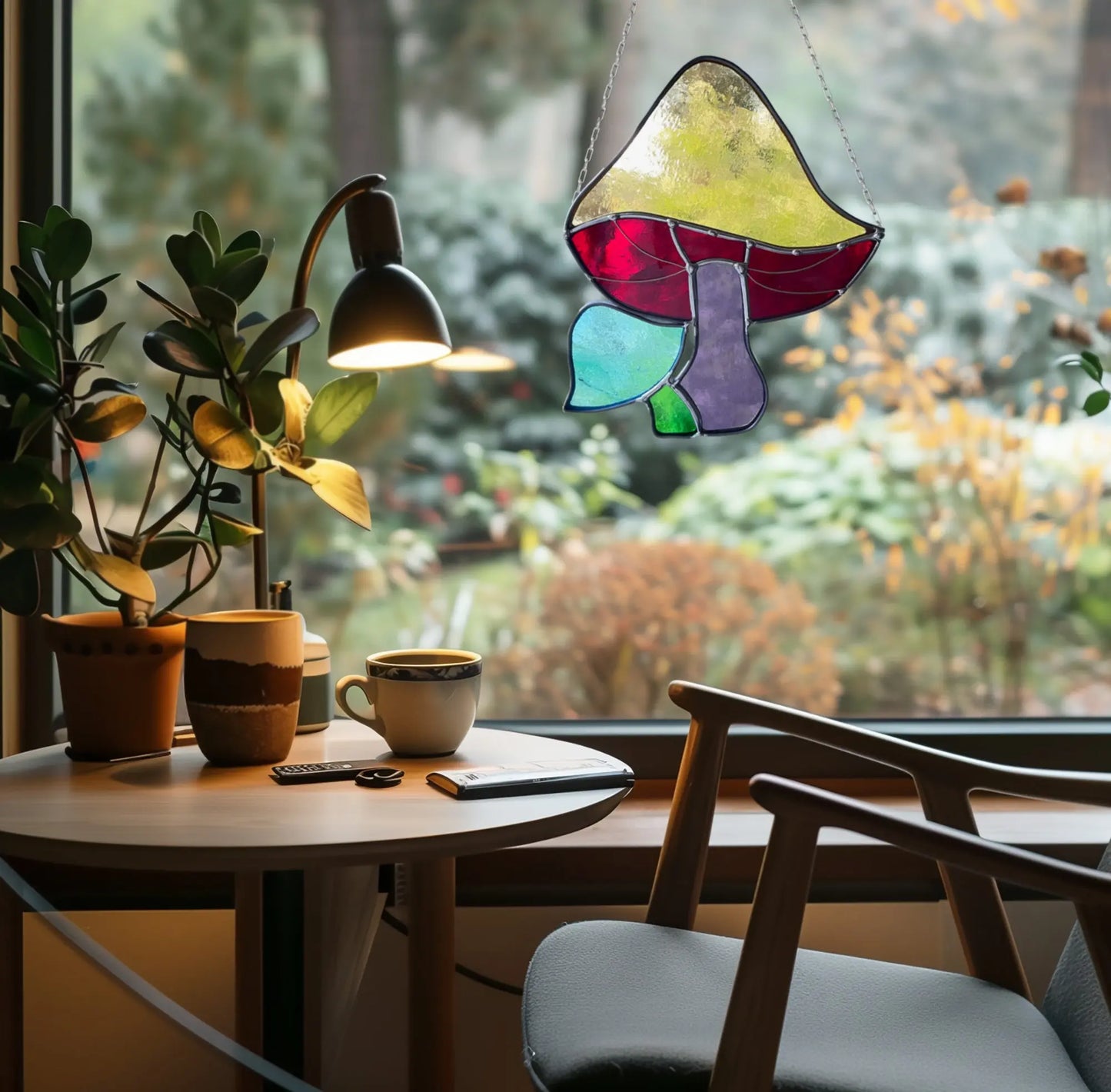 A cozy space features a wooden chair and round table by the window. On the table are potted plants, a coffee cup, notebook, and pen. A Handmade Stained Glass Rainbow Mushroom by a Pacific Northwest artist adorns the window as a lamp lights up the garden view outside.