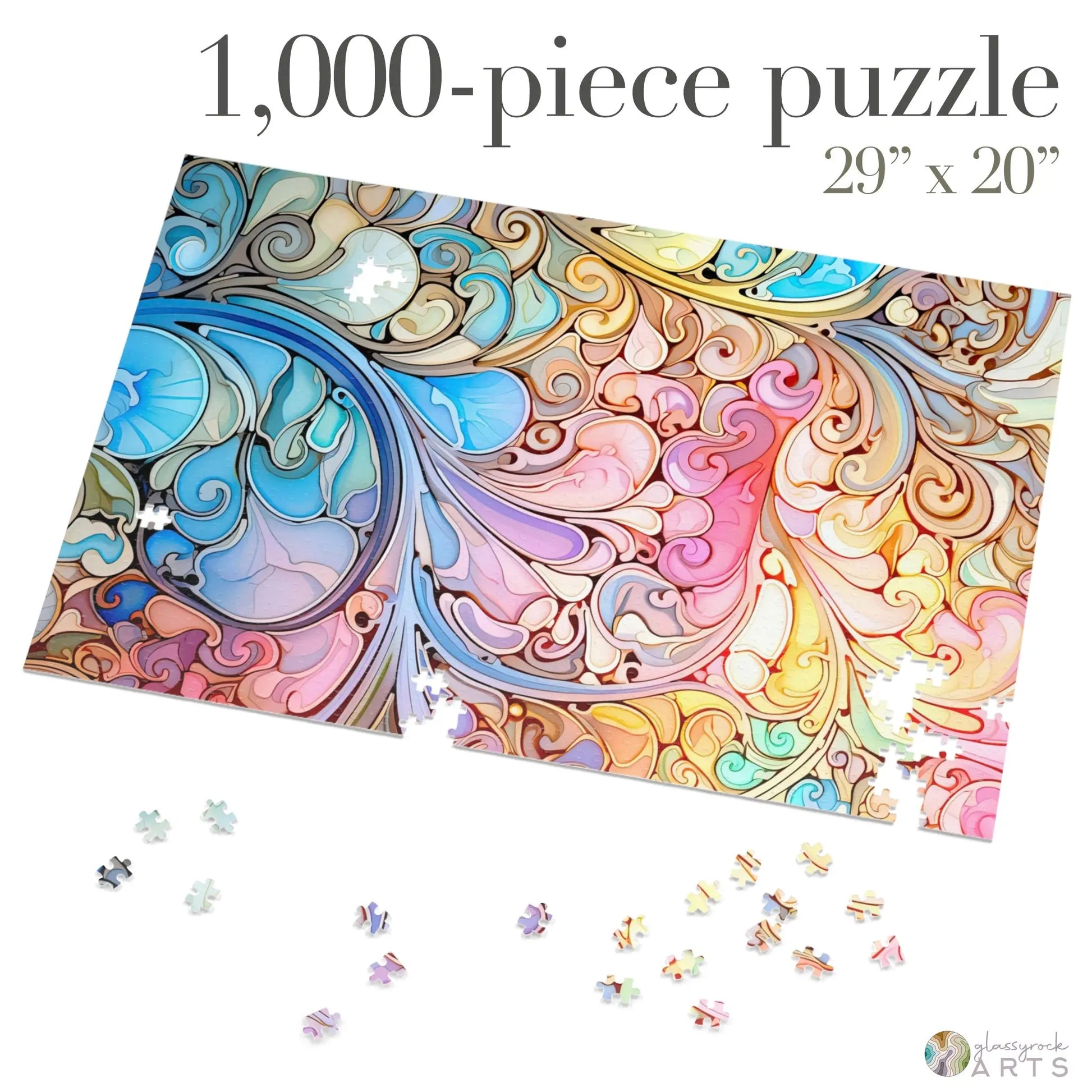 Image of the partially completed Stained Glass Rainbow Paisley Jigsaw Puzzle, featuring a swirling abstract pattern in blues, pinks, and browns. With a size of 29x20 inches and scattered pieces nearby, this 1,000-piece puzzle is an ideal gift for art lovers.