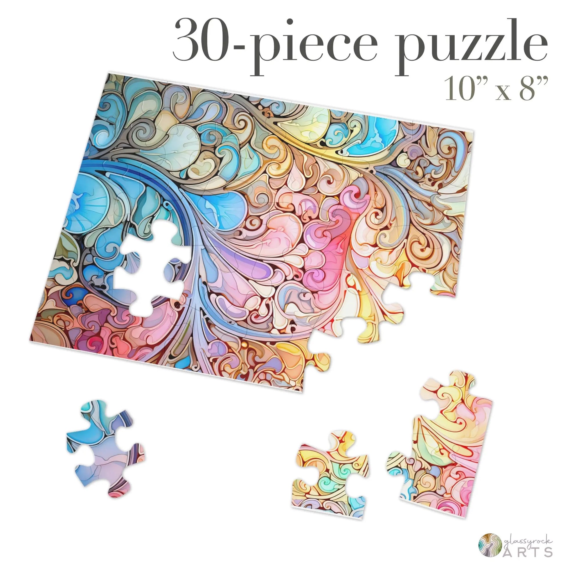 The 30-piece Stained Glass Rainbow Paisley Jigsaw Puzzle showcases an intricate swirling design with blue, pink, and yellow hues, similar to a stained glass artwork. Three pieces remain detached near the partially completed puzzle masterpiece. Dimensions: 10 x 8.