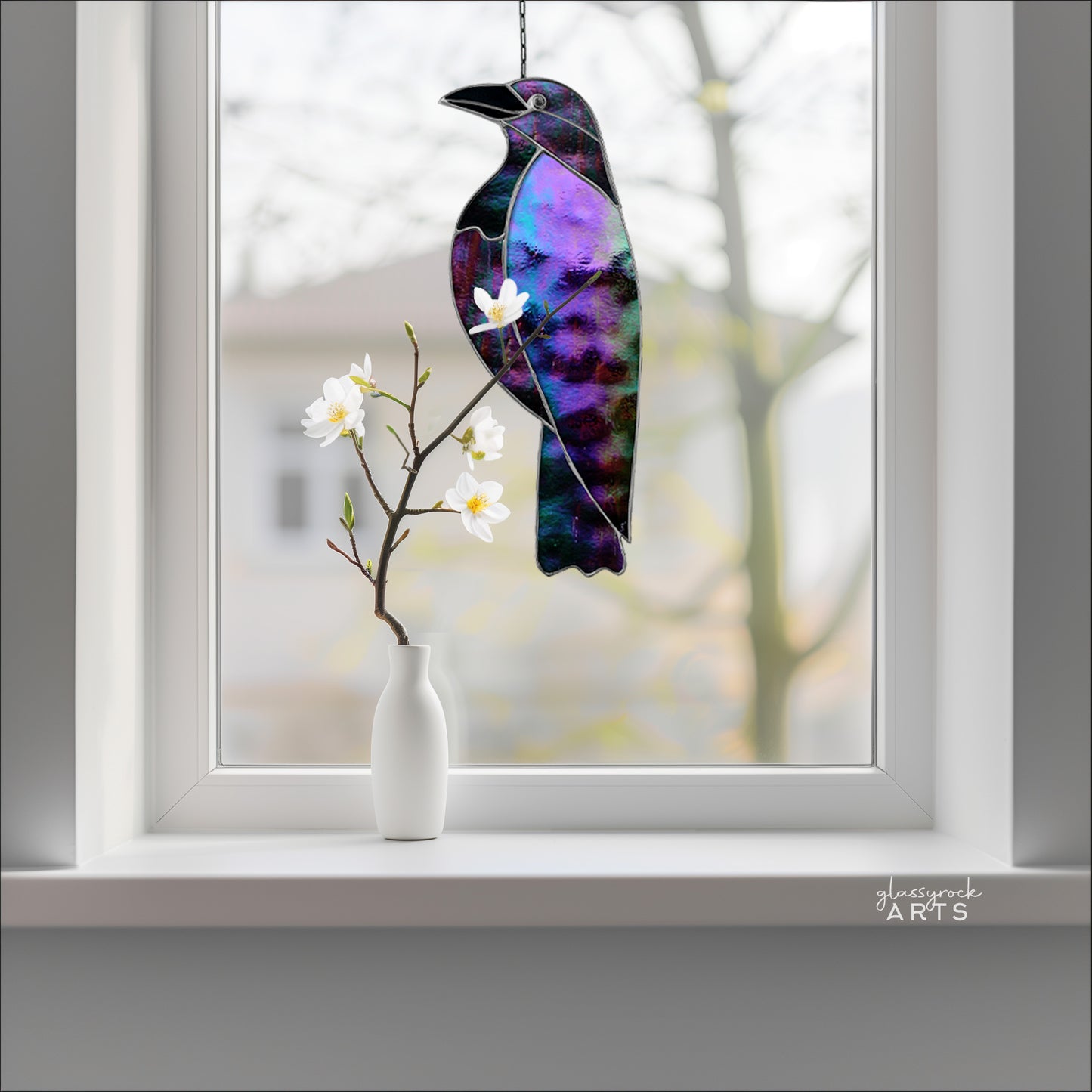 An information card explaining the terms, licensing, and benefits of purchasing and using a GlassyRock Arts stained glass pattern.