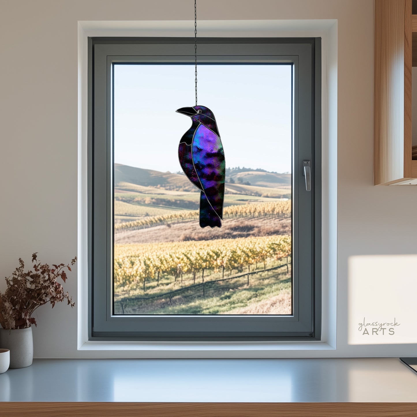 An information card explaining the terms, licensing, and benefits of purchasing and using a GlassyRock Arts stained glass pattern.