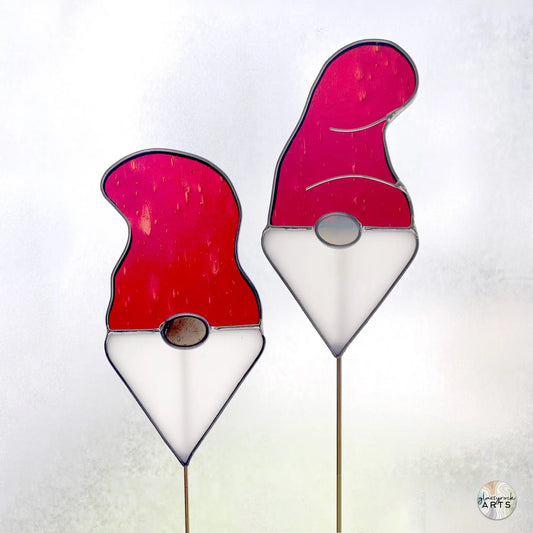A picture of the Handmade Stained Glass Gnome Plant Stake - Red Hat from GlassyRock Arts.