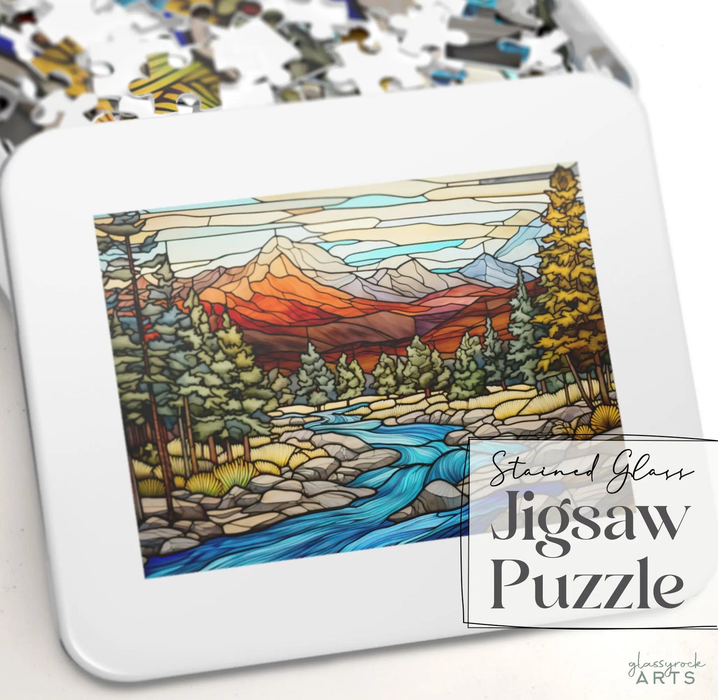 A picture of the Rocky Mountain National Park Stained Glass Jigsaw Puzzle from GlassyRock Arts.
