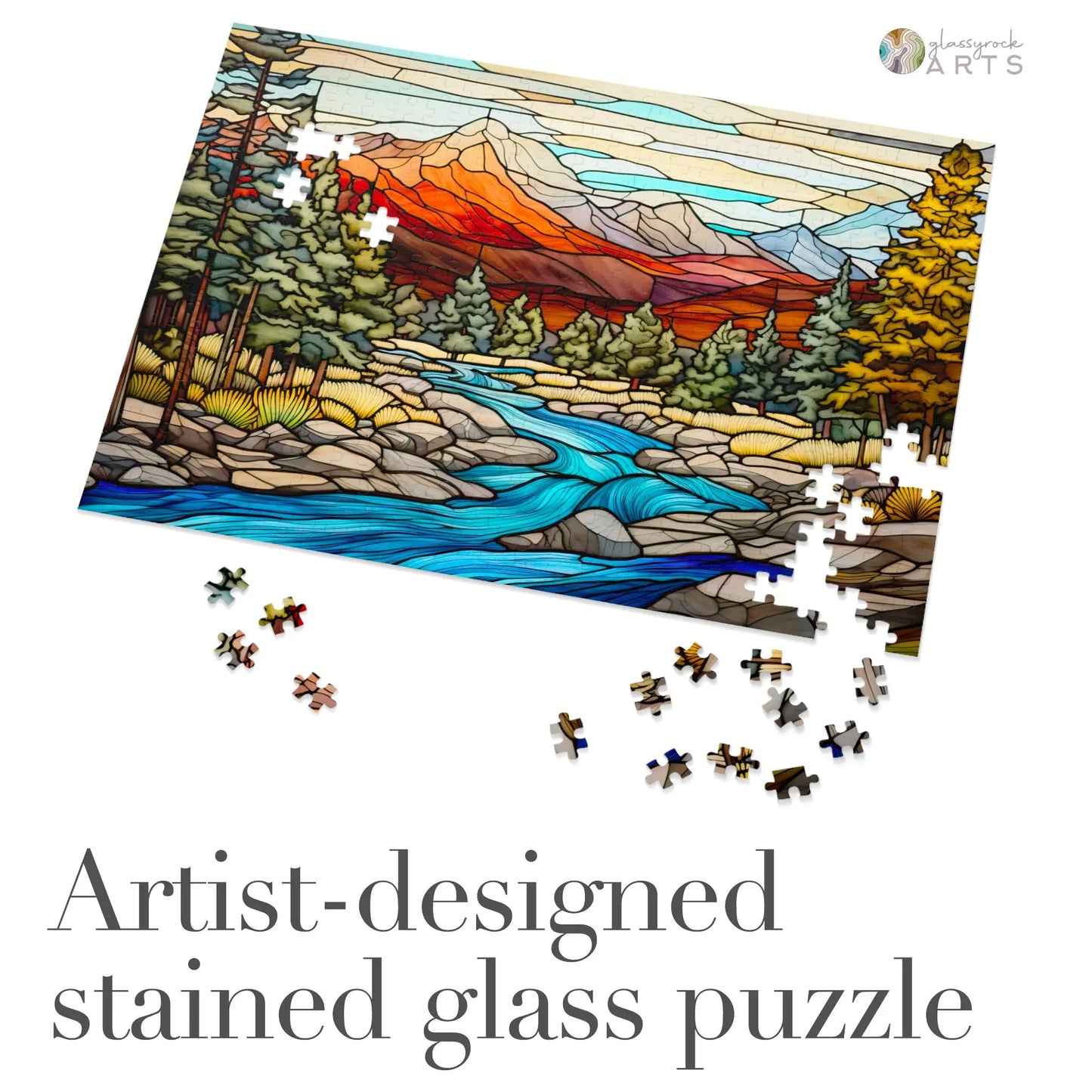 A picture of the Rocky Mountain National Park Stained Glass Jigsaw Puzzle from GlassyRock Arts.