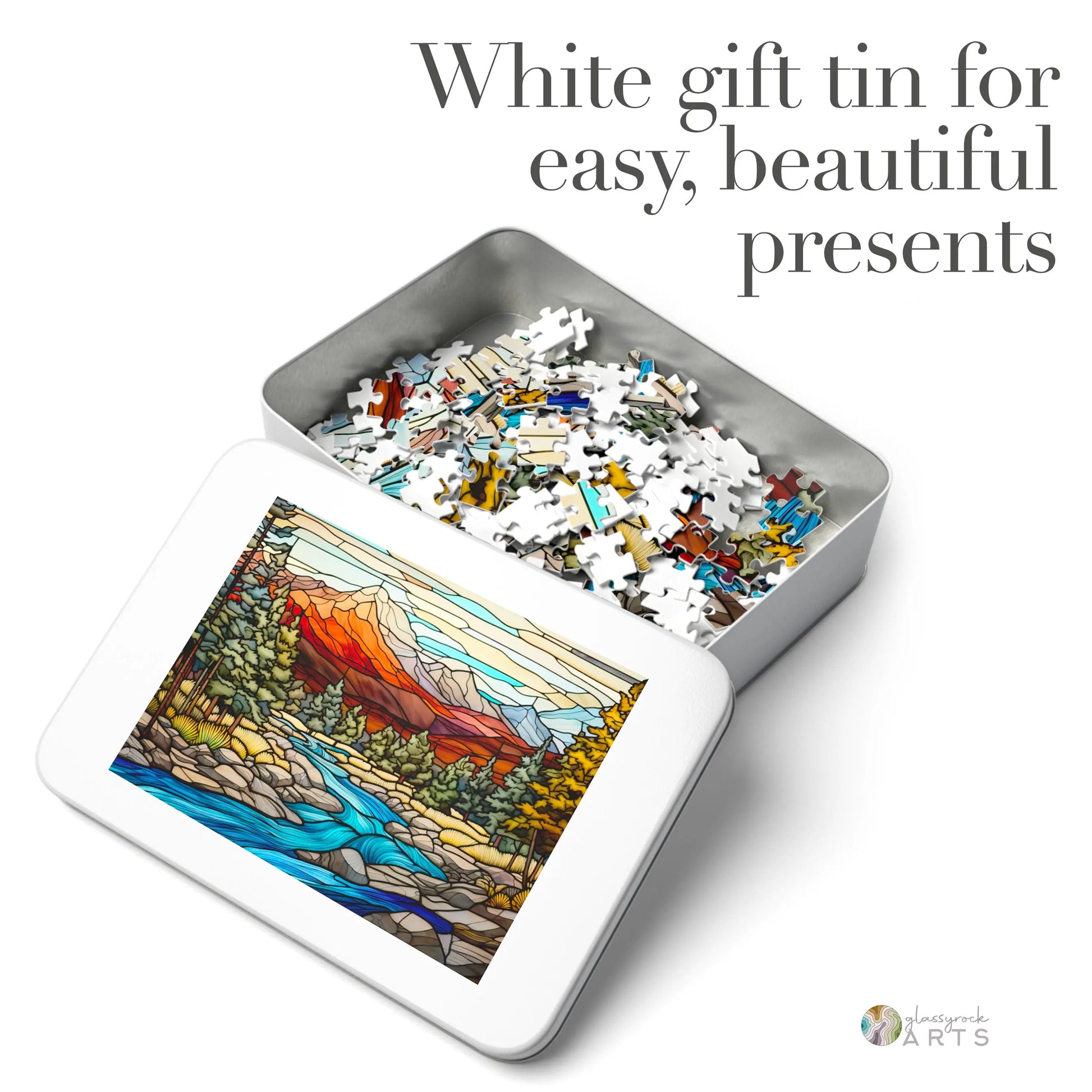 A picture of the Rocky Mountain National Park Stained Glass Jigsaw Puzzle from GlassyRock Arts.