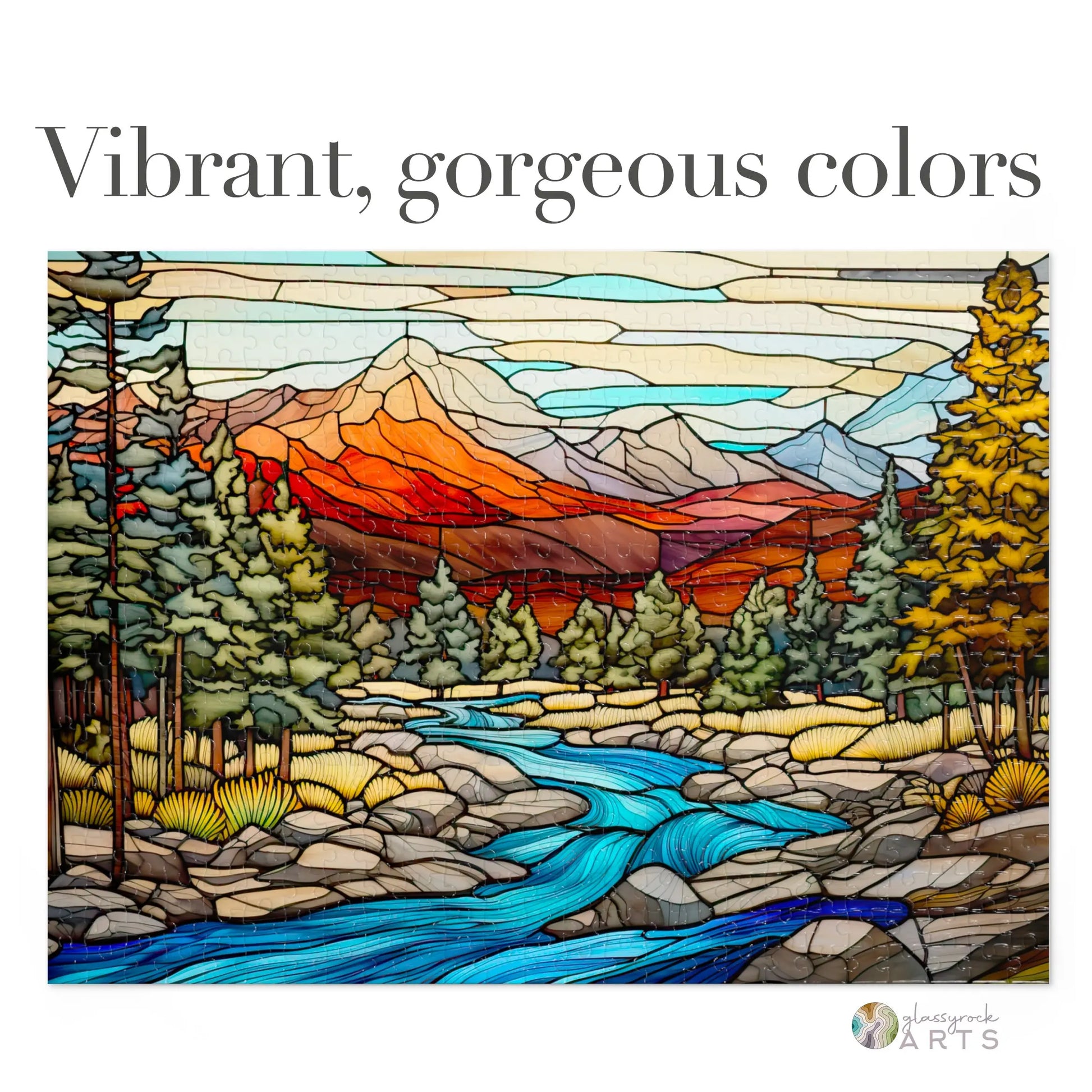 A picture of the Rocky Mountain National Park Stained Glass Jigsaw Puzzle from GlassyRock Arts.