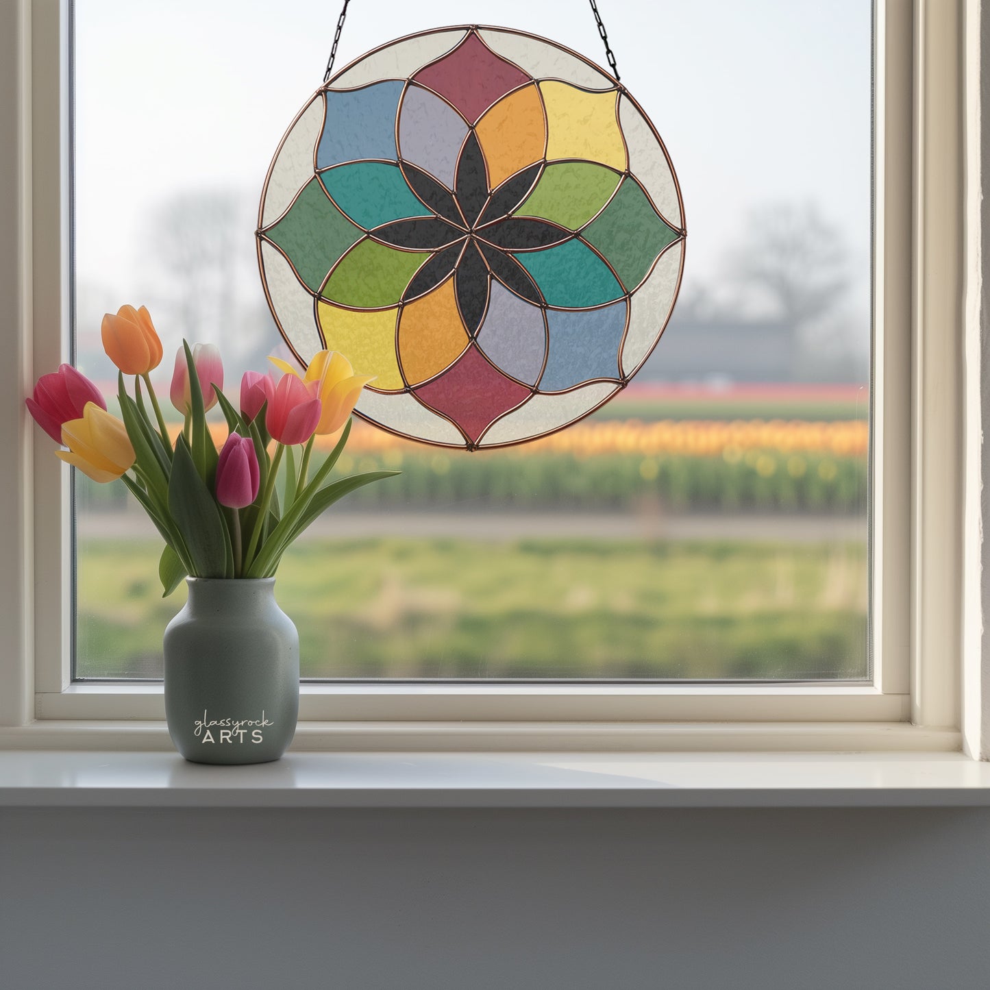 Tulip Rose Window Stained Glass Pattern plus PNG