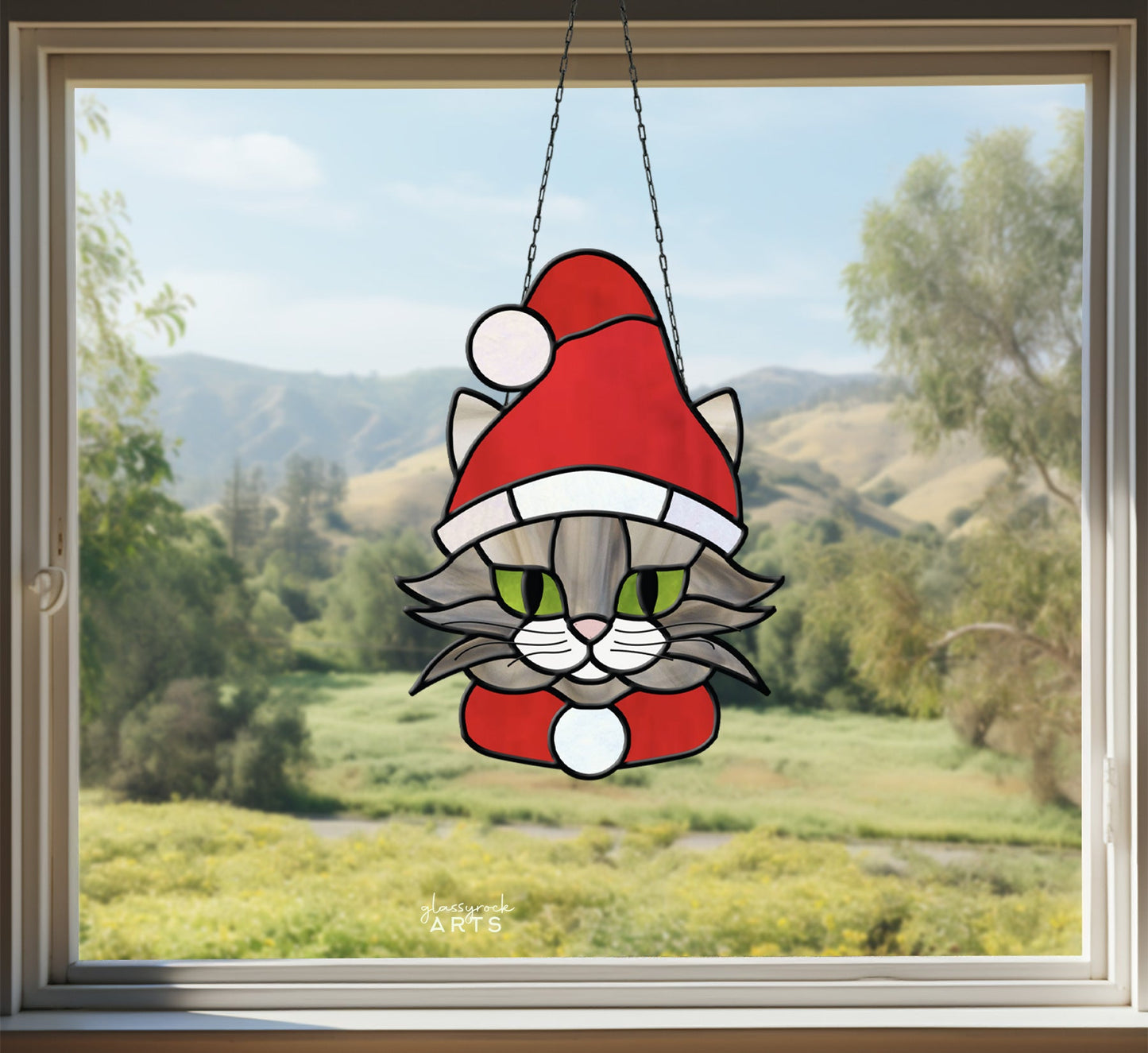 Santa Cat Christmas Stained Glass Pattern - Crafting Patterns & Molds, from GlassyRock Arts