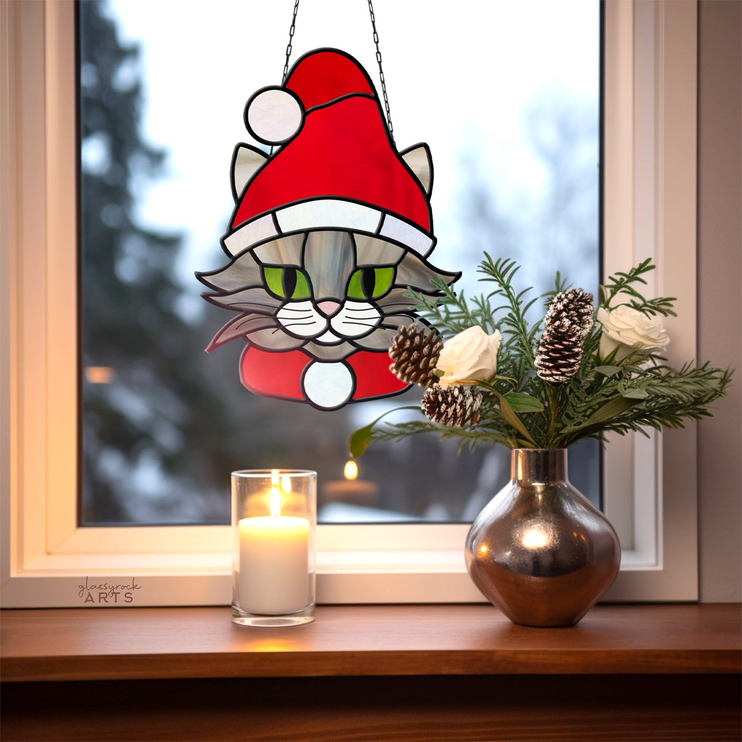 Santa Cat Christmas Stained Glass Pattern