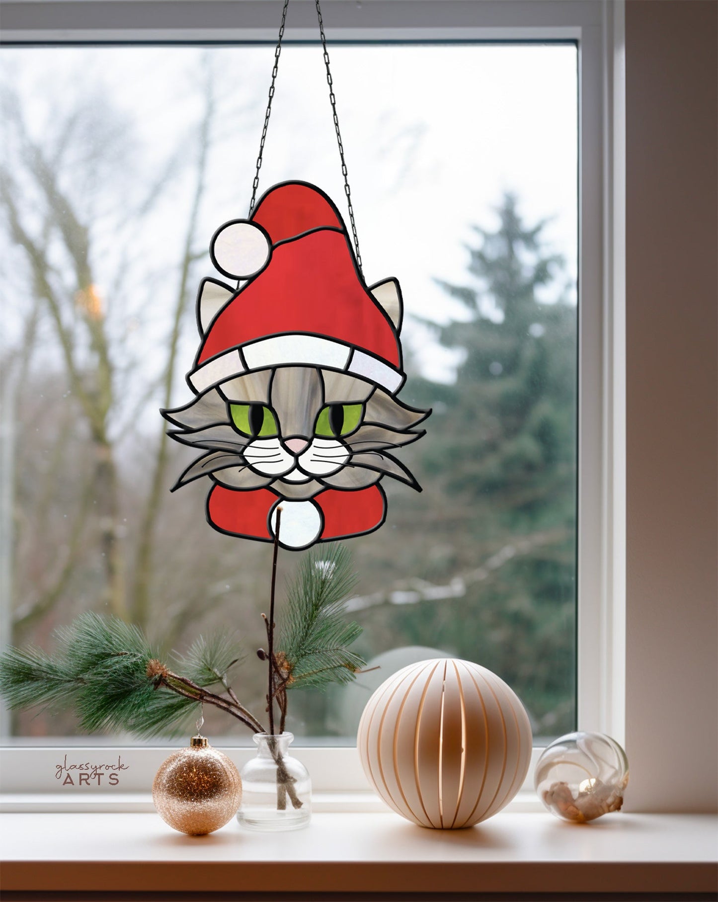 Santa Cat Christmas Stained Glass Pattern