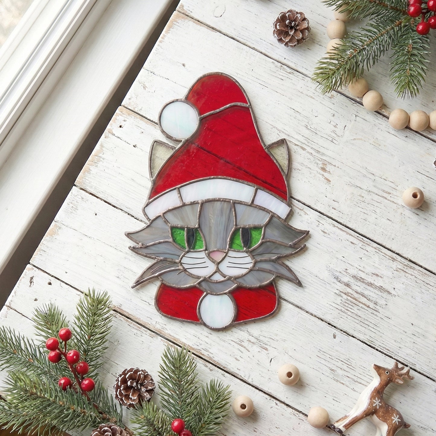 Santa Cat Christmas Stained Glass Pattern