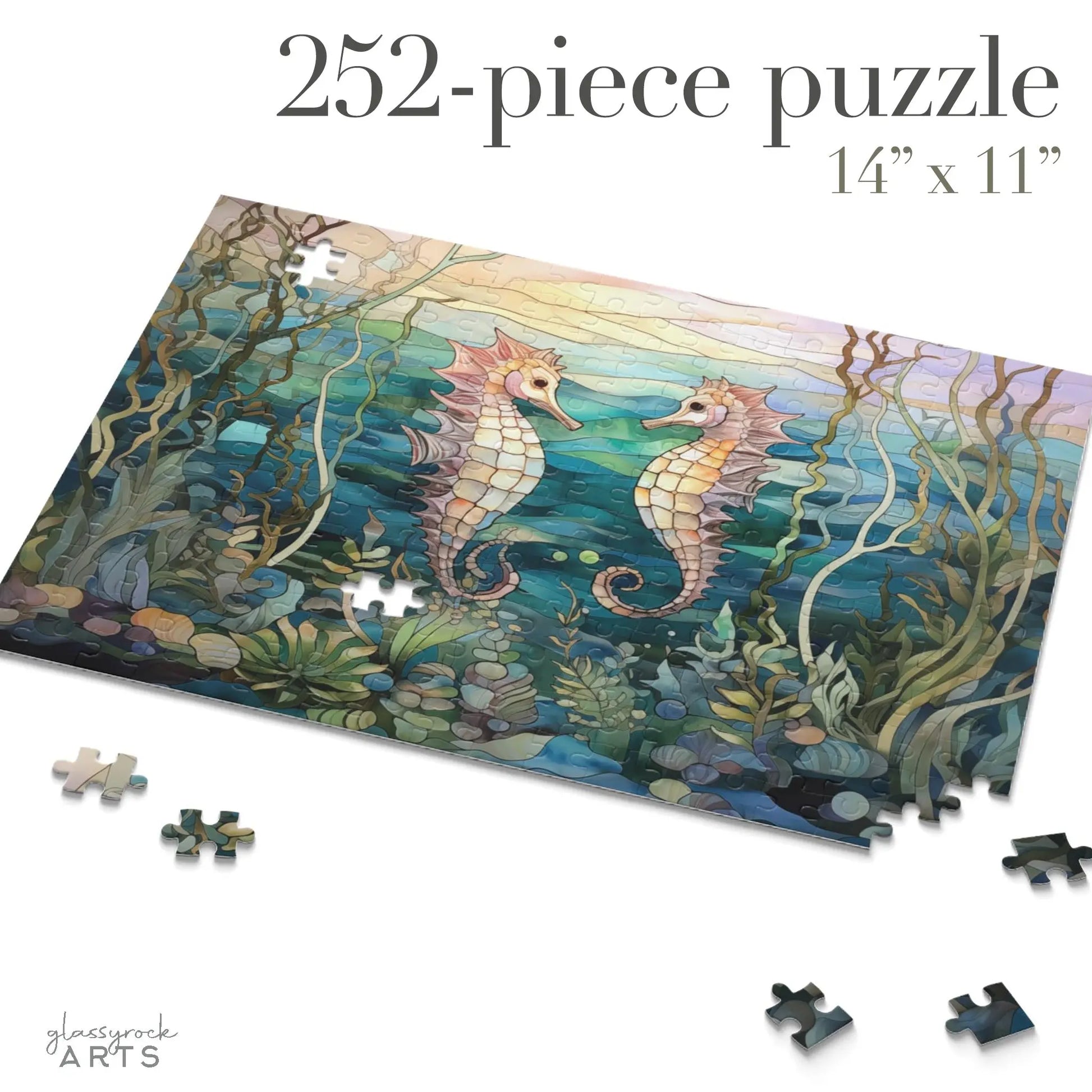The Stained Glass Seahorses Jigsaw Puzzle is a 252-piece puzzle measuring 14x11 inches, featuring two vibrant seahorses amid seaweed underwater. Ideal for nature lovers, a few pieces are scattered around, and the image is labeled glassrock ARTS.