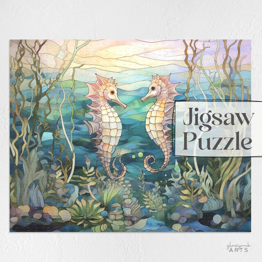 The Stained Glass Seahorses Jigsaw Puzzle features two seahorses facing each other between seaweed, with a background of soft blues and greens and gentle, filtering light, making it an ideal gift for nature lovers.