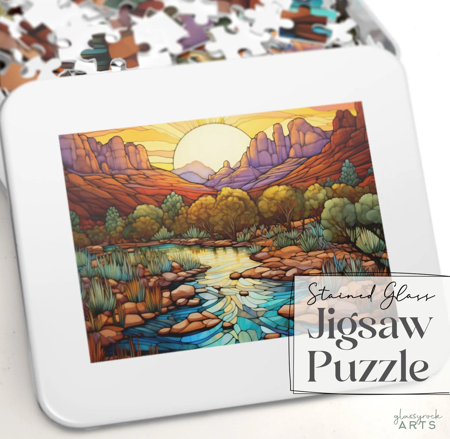 A picture of the Sedona Arizona Stained Glass Jigsaw Puzzle from GlassyRock Arts.
