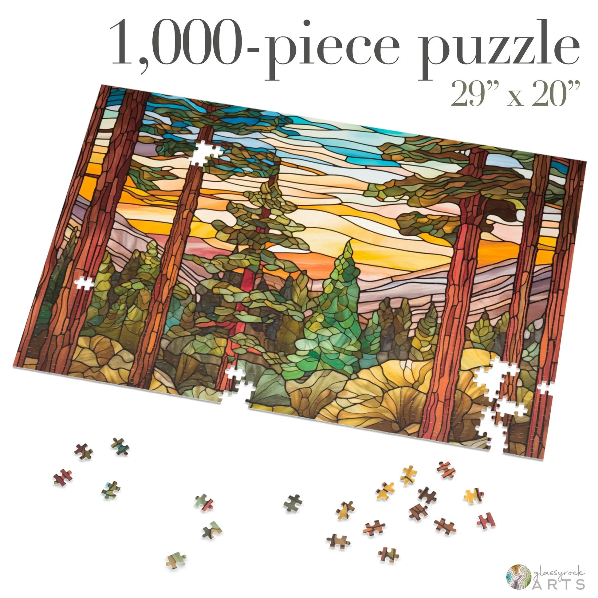 A partially completed Stained Glass Sequoia Forest Jigsaw Puzzle, featuring a forest and sunset in vibrant hues, awaits assembly. Text reads: 1,000-piece puzzle, 29 x 20. Ideal gift for the puzzle lover.