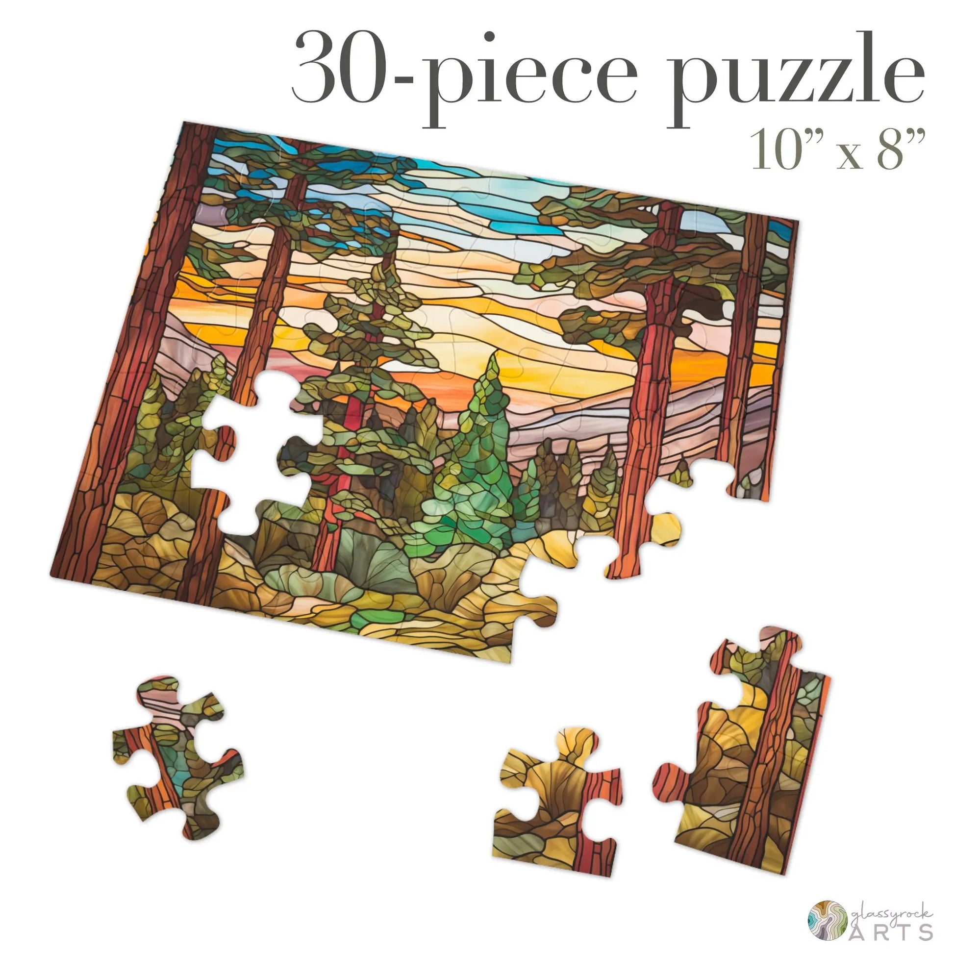 A partially assembled Stained Glass Sequoia Forest Jigsaw Puzzle, featuring a vibrant forest landscape with trees and sunset sky. It consists of 30 pieces, measures 10x8, and three pieces are detached—an ideal gift for puzzle enthusiasts.