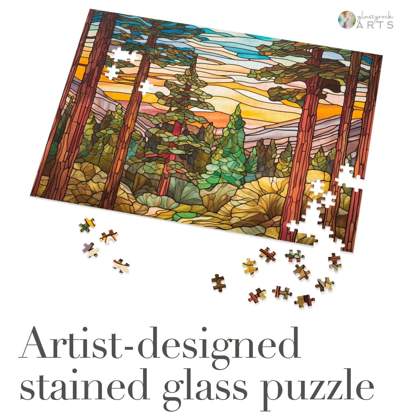 The Stained Glass Sequoia Forest Jigsaw Puzzle showcases an artist-designed sequoia forest at sunset. Scattered pieces enhance the allure of this partially completed masterpiece, making it an ideal gift for puzzle enthusiasts.